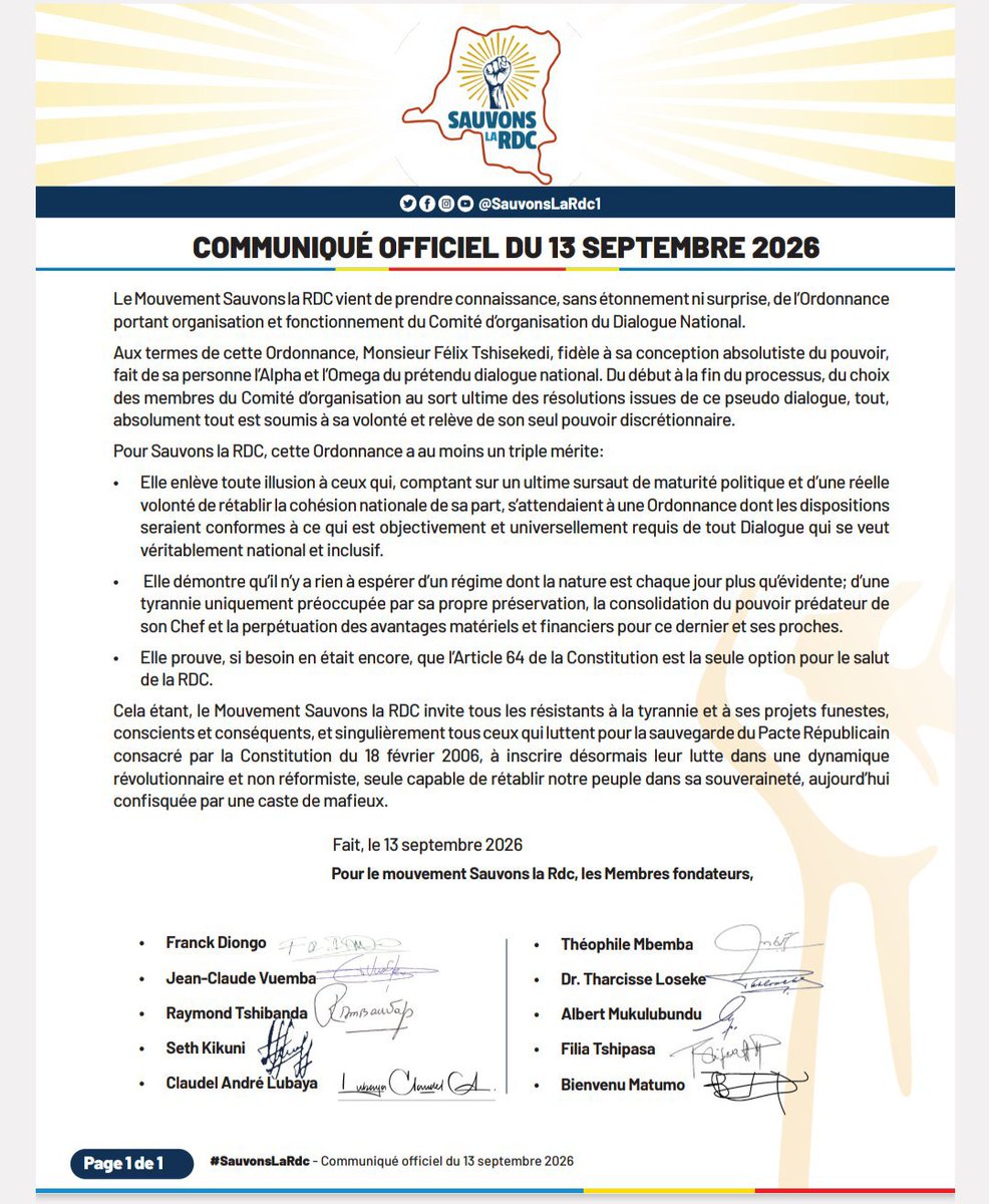 HenocSakaya's tweet photo. Réagissant à l'ordonace portant Organisation du dialogue, dans un communiqué de ce 13 septembre, le Mouvement Sauvons la RDC  accuse Félix Tshisekedi de faire de sa personne « l'Alpha et l'Omega » de ce processus, du choix des membres du Comité au sort des résolutions finales. https://t.co/HAyJSdxdrg