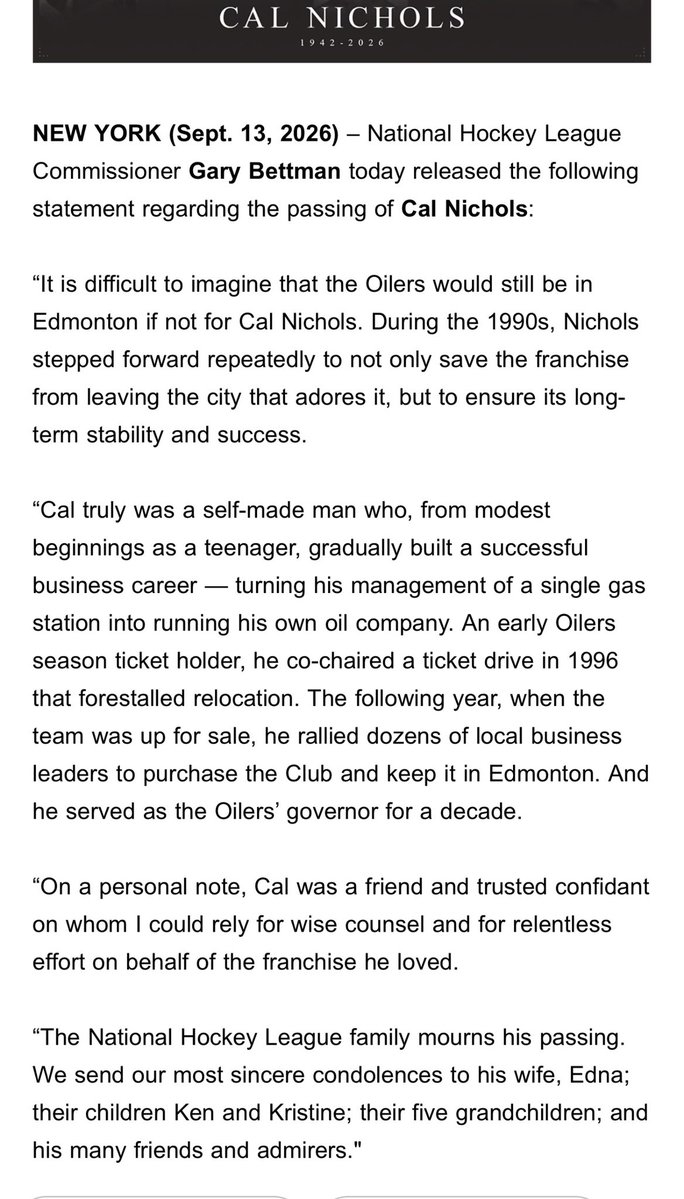 frank_seravalli's tweet photo. #NHL commissioner Gary Bettman statement on the passing of Cal Nichols, who spearheaded the Edmonton Investors Group that saved the #Oilers. https://t.co/ReTfbCPdfP