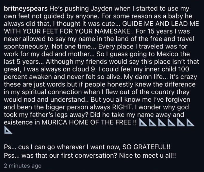BritneyTheStan's tweet photo. Britney Spears drags her father on Instagram:  “I wonder why god took my father’s legs away? Ps… cuz I can go wherever I want now, SO GRATEFUL!!” https://t.co/JJM91UNKoV