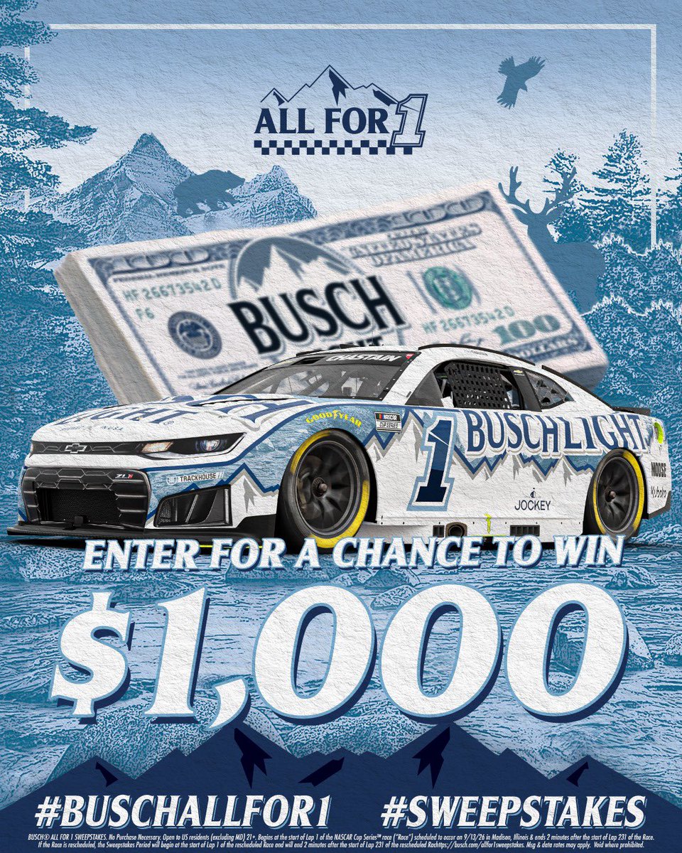 BuschBeer's tweet photo. LAP 211! Want a chance to WIN $1,000?!​

Reply NOW using #BuschAllFor1 #Sweepstakes to enter for a chance to win!​

#EnjoyIllinois300 https://t.co/6tl2fHbyDG