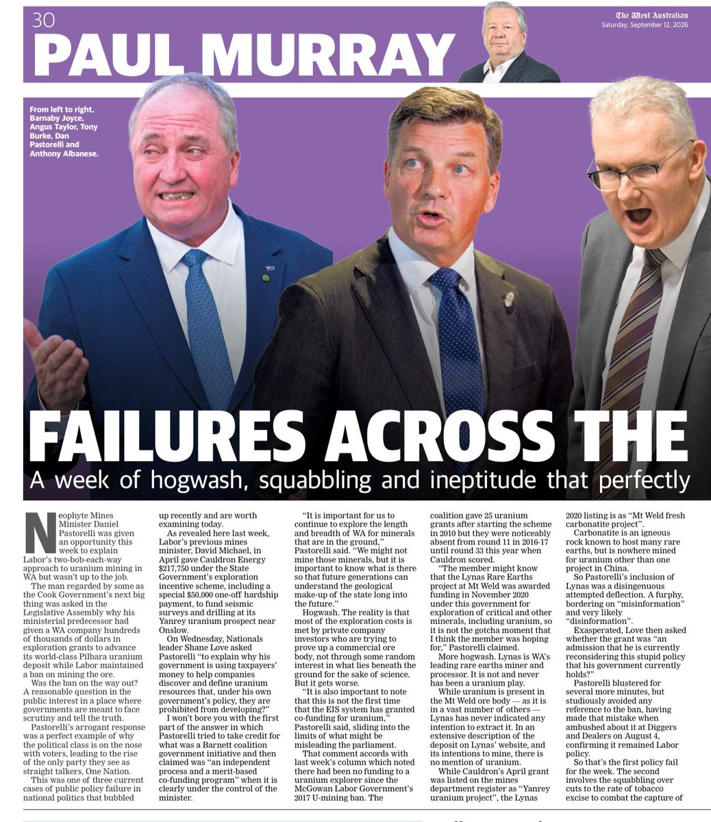 CxuAsx's tweet photo. Extraordinary follow up article on WA policies! $CXU

A couple of weeks ago Paul Murray wrote an insightful article calling out the lack of logic behind the WA #uranium mining ban. (I will link that down below)

That led to an astounding series of events in Parliament this last week, with the issue being hotly contested numerous times.

Now this weekend, Paul has followed up with another blistering piece (see attached).

Its clear. THIS ISSUE IS NOT GOING AWAY.  The current policy settings are clearly UNSUSTAINABLE.

We look forward to working constructively to plot a path forward.