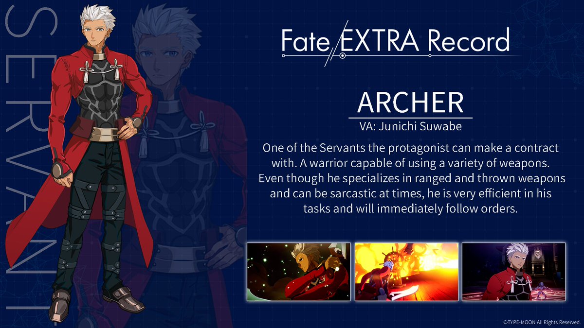 AnxGamingHub's tweet photo. ⚪ Fate/EXTRA Record Character Introduction ⚪
■ ARCHER  CV: #JunichiSuwabe  
A warrior capable of using a variety of weapons. 
#FateEX_Record https://t.co/ZOXCIVah9k