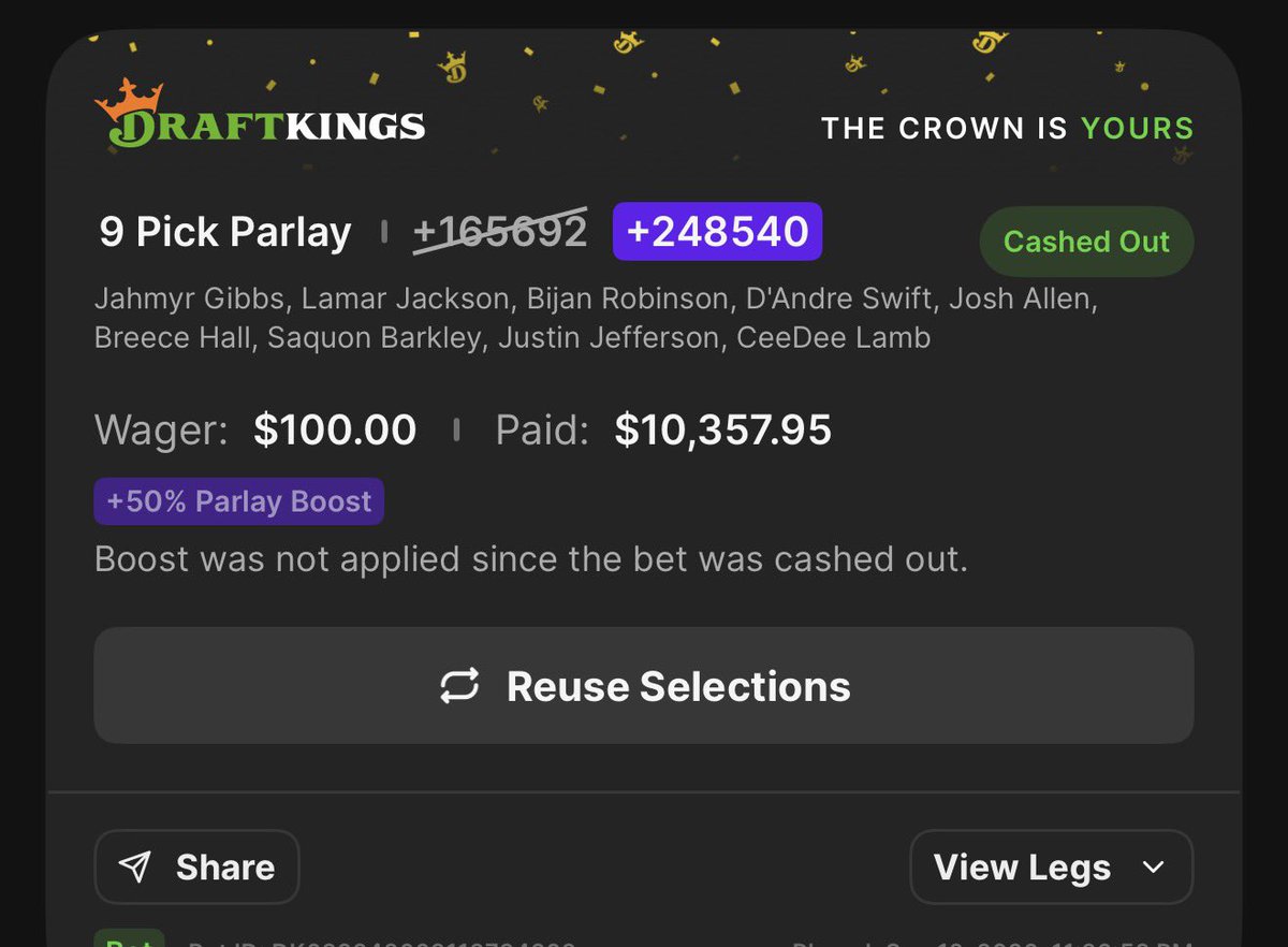 itsCblast's tweet photo. I’m a die-hard Eagles fan, but I’ve got a feeling Saquon sells the parlay tonight 

Cashed out: $100 -> $10,357 💰 https://t.co/3mL8Z6yPbL