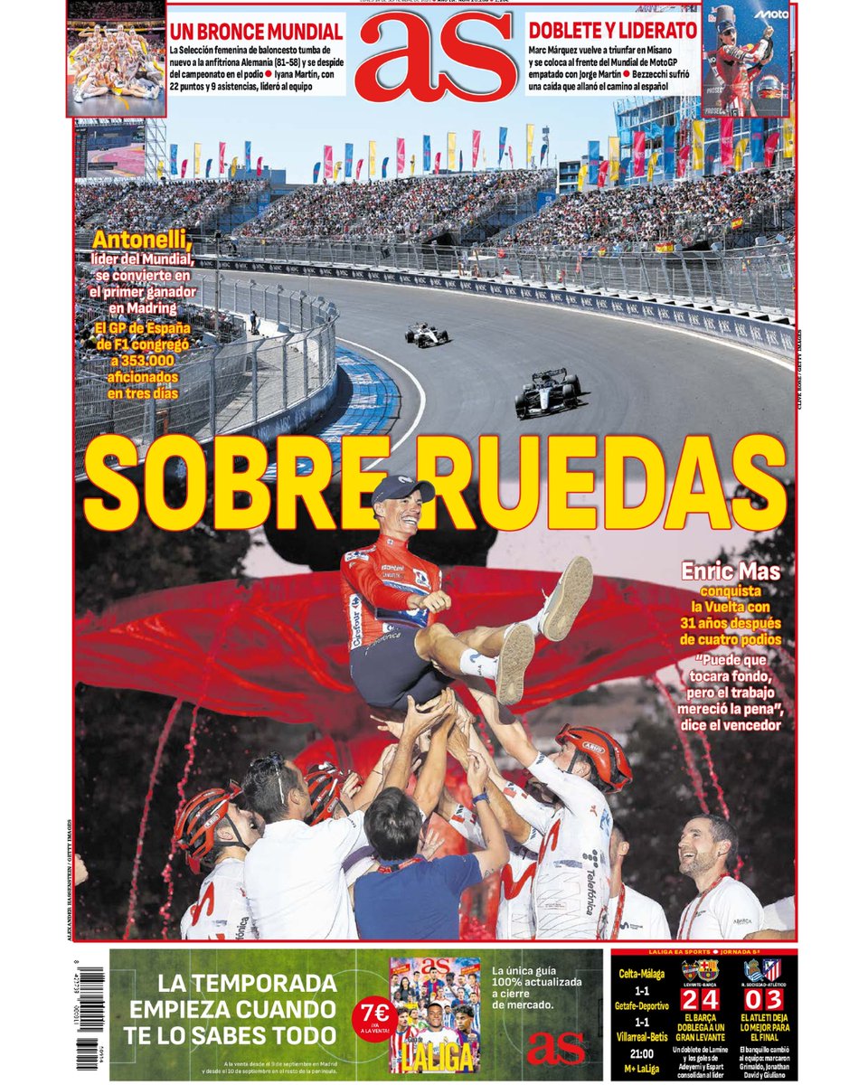 diarioas's tweet photo. ✨📰 ¡Ya está aquí la #PortadAS del lunes, 14 de septiembre!

🛞 Sobre ruedas https://t.co/3ZkMluD49v