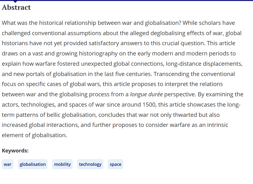 warsocjournal's tweet photo. @tandfonline have offered one month free access to 'War &amp; globalisation in the modern era (1500s–2000s): actors, technologies &amp; spaces' by @FrontierPeace &amp; @Angel_Alcalde_ If you haven't yet read this important article there's still time! Download now! https://t.co/b4DN1EX92l https://t.co/4W2Nc5olLa
