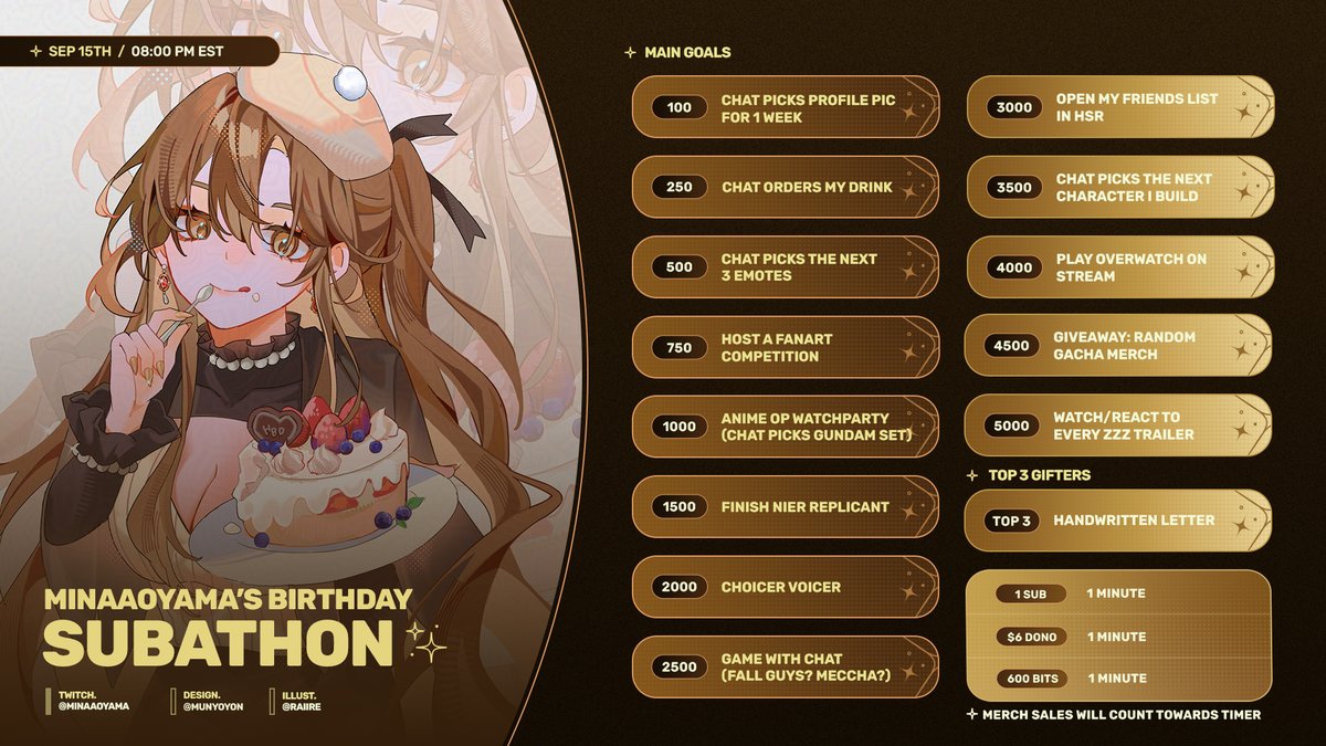 MinaAoyama's tweet photo. 🚨BIRTHDAY SUBATHON ANNOUNCEMENT!! 🚨

On September 15th at 8PM EST I am going to be starting my birthday subathon!!! 

Here are the list of goals that we definitely will not hit 

It'll be filled with lots of games, good vibes, and celebrating another year older together~ https://t.co/xlEVwqBEMf