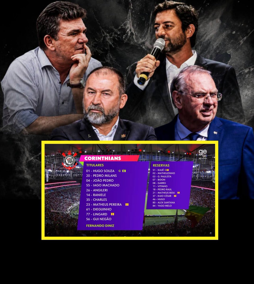Vessoni's tweet photo. FIM DE JOGO!

A foto que ilustra esse post é dos verdadeiros culpados por essa derrota do Corinthians no Maracanã. 

Foram esses caras que acabaram com o Corinthians, que deixaram com que o Corinthians não tivesse um elenco minimamente competitivo pra não sofrer tantos chutes no gol e quase não conseguir passar do meio de campo com seus reservas.

O Corinthians não conseguiu competir com o Flamengo com seus reservas, mesmo tendo uma torcida e um poder econômico que poderia ser até maior do que o Flamengo.

Os reservas lutaram, vibraram, marcaram... um time que teve um garoto de 17 anos jogando muita bola. Não há nada para falar sobre os jogadores que entraram. Nada, nada!

Muito menos do Fernando Diniz, que tem problemas para escalar, não teve reforços, vê seu elenco sem receber salário e faz o que pode pra levar o Corinthians a uma semifinal de Libertadores.

A culpa não é dos jogadores, a culpa não é do Diniz. Essa derrota está na conta desses dirigentes, que acabaram com o Corinthians financeiramente, que hoje têm um elenco que não merecia ter. Um elenco que poderia ser muito mais forte e ter competição mesmo com o time reserva diante do Flamengo no Maracanã.

Duilio, Andrés, Augusto e Stabile... a culpa da derrota foi de vocês! Vocês acabaram com o Corinthians!!!

#Corinthians