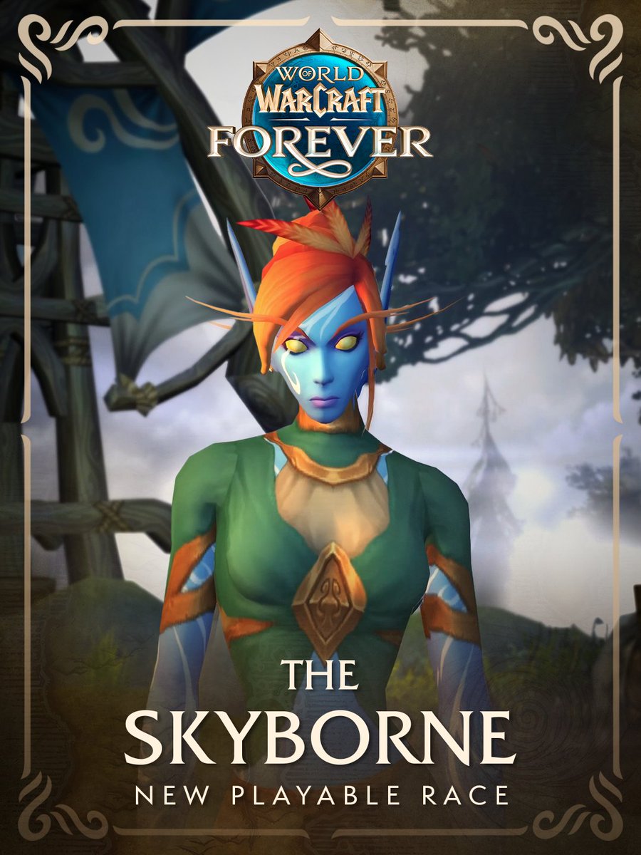Warcraft's tweet photo. Choose your path as Azeroth's newest playable race: the Skyborne 🪽

🔮 Travel the Arcane road with the Alliance 
OR
🍂 Master the Elements with the Horde https://t.co/M4LPzq43uh