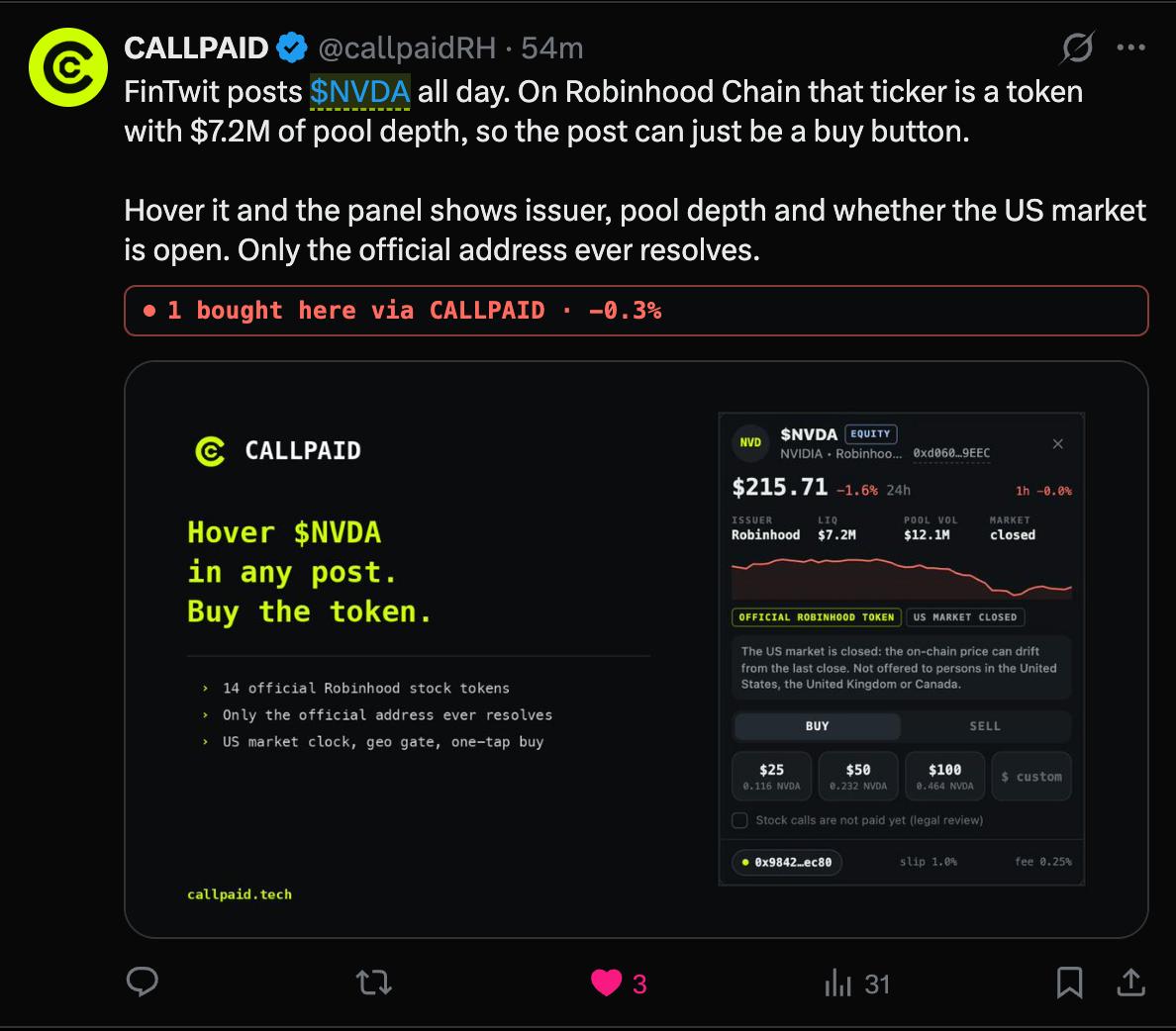 callpaidRH's tweet photo. The post keeps score now.

That line under it is live: how many people bought from this exact post, and what their entry is worth right now. It moves with the price and it stays there.

Nobody has to screenshot a win. The post already knows. $CALLPAID https://t.co/luCwXozItF