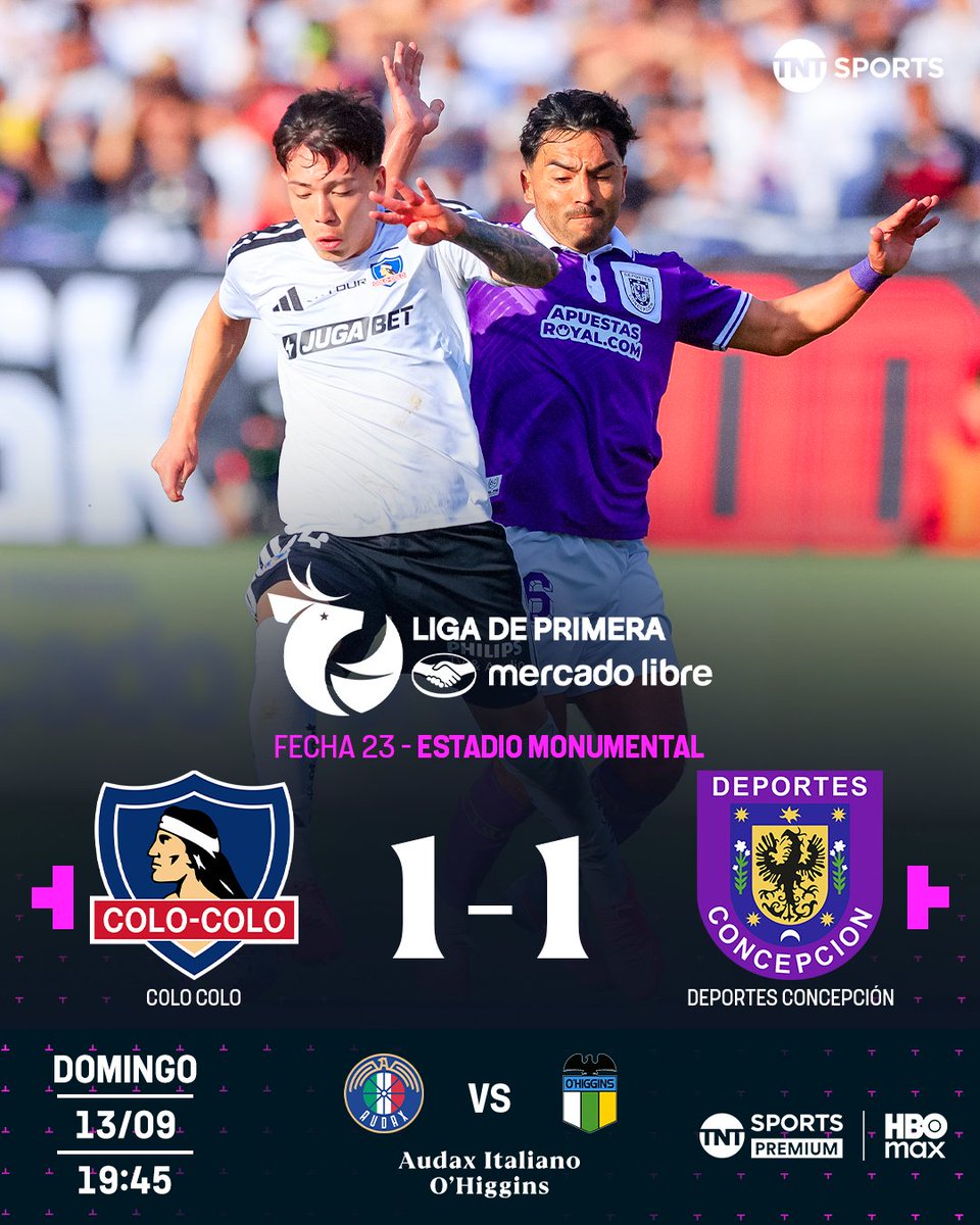 TNTSportsCL's tweet photo. 🏁🤝🐾 Empate amargo para el superlíder
#ColoColo igualó en la parte final ante Deportes Concepción, en este #MatchdayDomingo de la Fecha 23 por la #LigaDePrimeraMercadoLibre 2026, y obtuvo la segunda paridad al hilo.
Norman Rodríguez marcó para los Lilas mientras que Fernando Martínez en contra puso el empate definitivo en el Monumental.
Disfruta lo mejor del fútbol chileno. Suscríbete a #TNTSportsenHBOMax 📲💻 Link en la BIO 📍