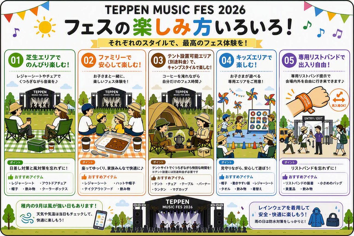 ebinamasuji's tweet photo. TEPPEN MUSIC FES 2026 エリアマップ公開✨

飲食ブースはどなたでもご利用になれます。テント設置可能エリア(別途料金)も⛺✨キッズお楽しみブースもあります!!

いまのところ有り難いことに23℃晴れ予報ではありますが、夕方になると肌寒くなるので羽織るものを持ってきてください😉

#稚内TMF2026 https://t.co/cZ0m1dS09M