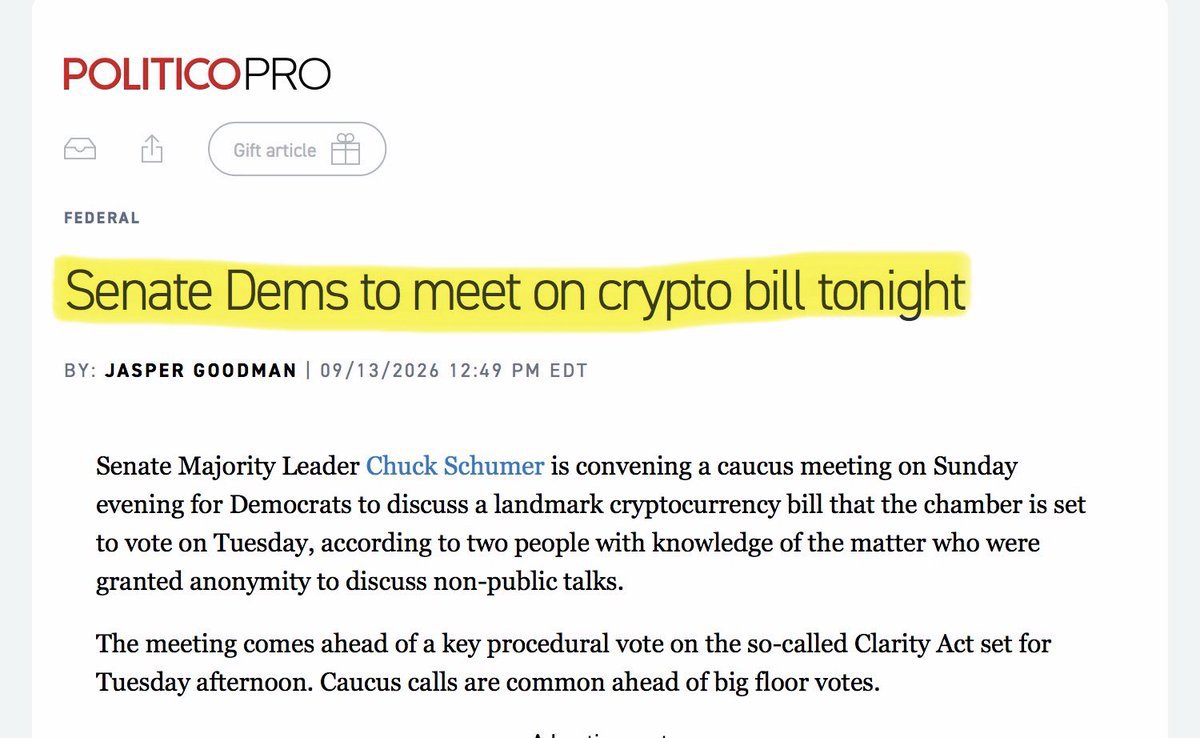 ahscrypto's tweet photo. BREAKING: 🇺🇸 Senate Democrats will meet tonight to discuss the Crypto Clarity Act. 

It is finally happening!! https://t.co/FhQWoUMSjZ