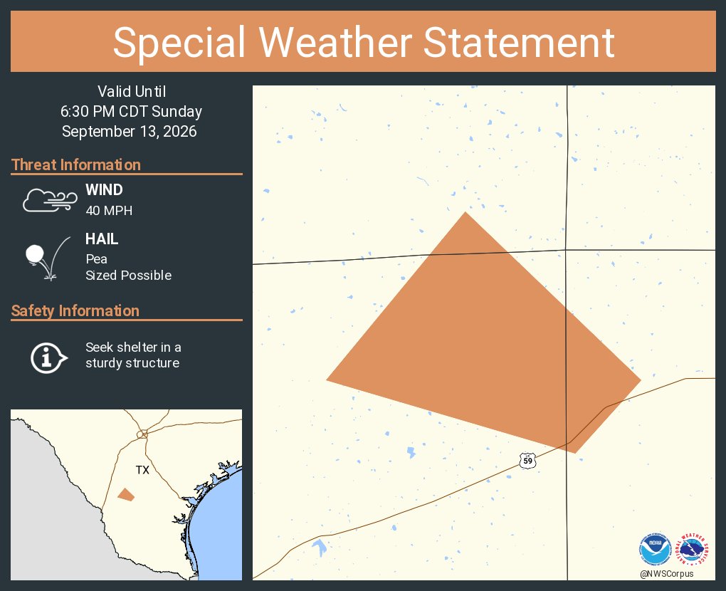 This graphic displays a special weather statement plotted on a map. The statement is in effect until 6:30 PM CDT.  The statement includes Webb County, TX.  A STRONG THUNDERSTORM WILL IMPACT NORTHWESTERN DUVAL AND EAST CENTRAL WEBB COUNTIES UNTIL 630 PM CDT. The threats associated with this storm are wind gusts up to 40 MPH and pea sized hail. Seek shelter in a sturdy structure until the storm passes.