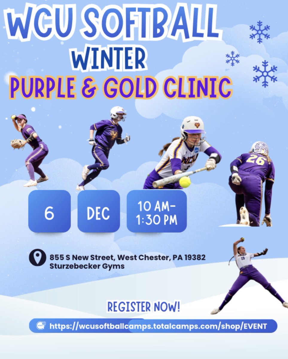 WestChesterSB's tweet photo. Mark Your Calendars!🚨

WCU Softball Winter Purple &amp; Gold Clinic will be held on December 6th ❄️

Showcase yourself in front of the coaching staff and current players! 

Link to sign up: 
https://t.co/ErkbdPK4zx https://t.co/sIAYSJiYrL