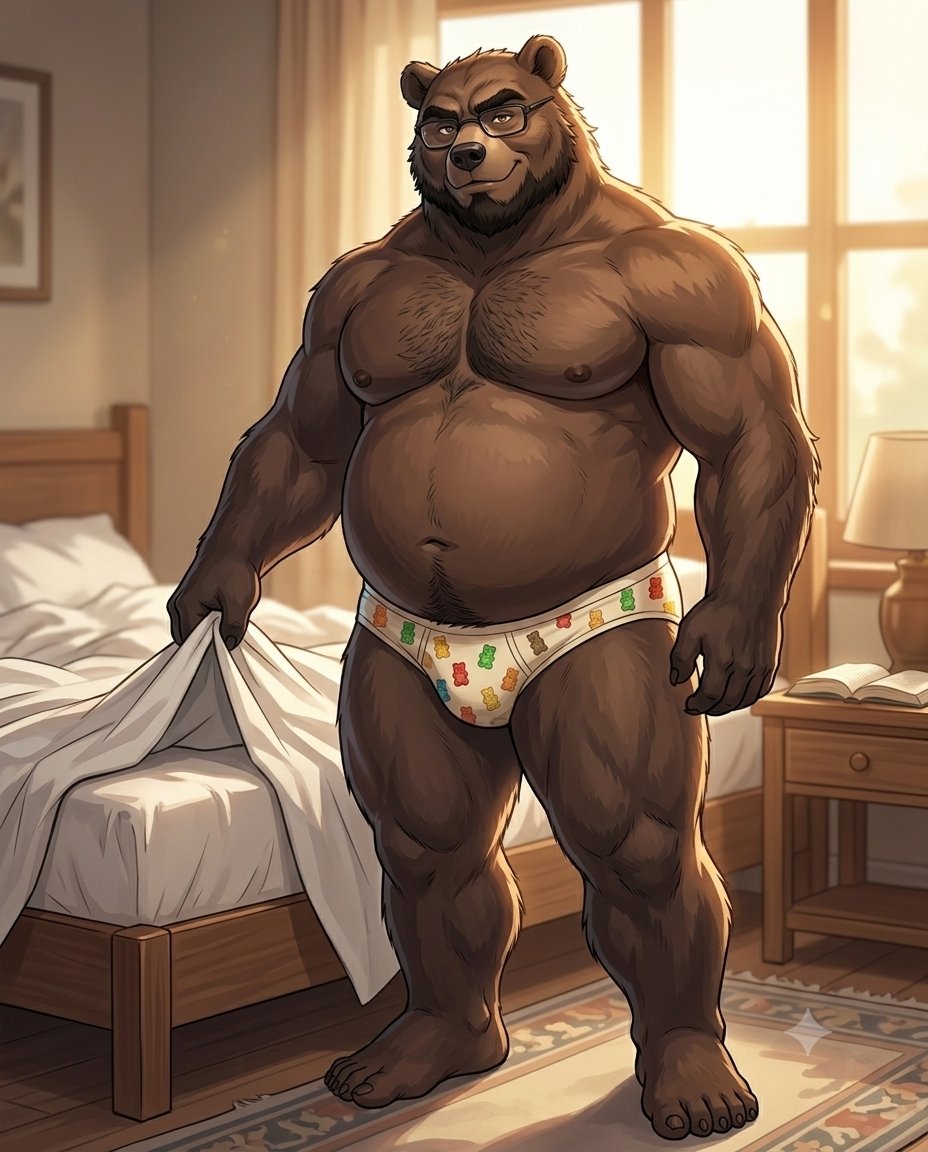 KyosukeBear's tweet photo. Mostrar una sonrisa y dejar que el sol de la mañana haga lo suyo... Mis panditas de goma y yo estamos listos para empezar el día. ¿Te quedas a tomar 5 minutos más de descanso conmigo? 😉✨

#KyosukeTheBear #BaraBear #ChubbyMuscular #FurryArt #GoodMorning #OC #Bara #MorningVibes https://t.co/T5BZ0XEdfl