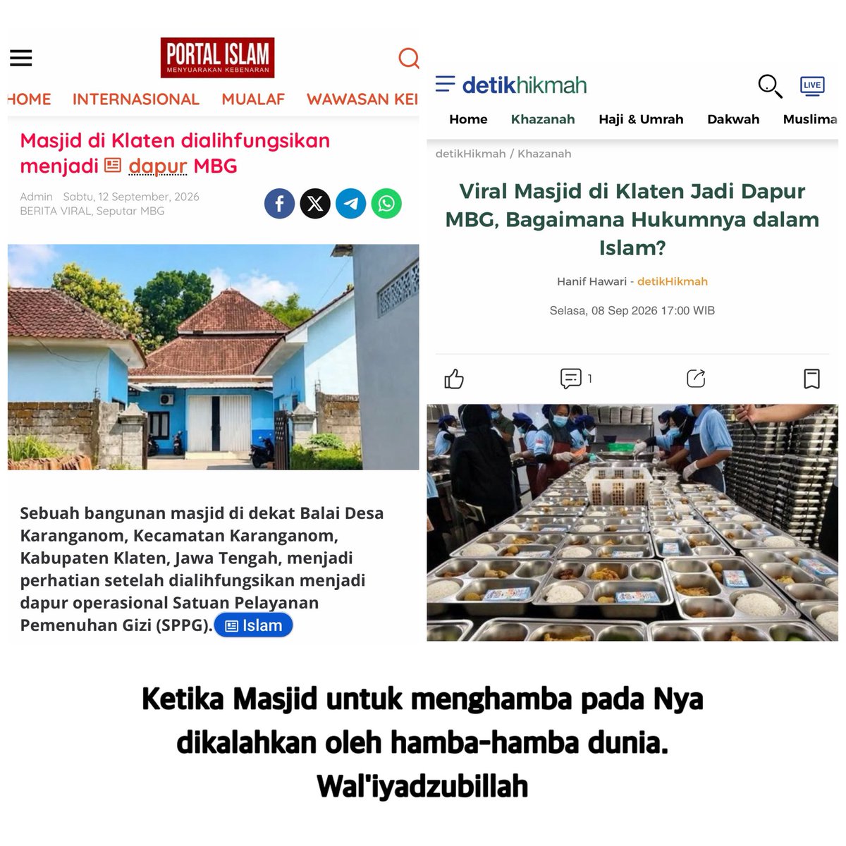 Hilmi28's tweet photo. Apakah pantas, rumah Allah beralih fungsi menjadi rumah MBG? Saya khawatir Allah akan cabut keberkahan dari program ini. Korupsi, puluhan ribu anak keracunan adalah sedikit bukti. Semoga semua pihak yg terlibat dapat berintrospeksi. https://t.co/AZncy1zSq7