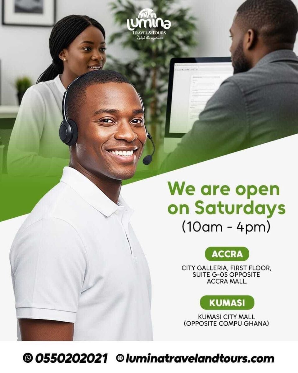 maiconvw's tweet photo. We are open today! ! ! ! At Lumina Travel &amp; Tours, we go the extra mile: even on weekends. Couldn’t make it in during the week? Don’t worry, our travel consultants are ready to serve you every Saturday in Accra and Kumasi. ✅️ From visa assistance https://t.co/h9bxm9erGX