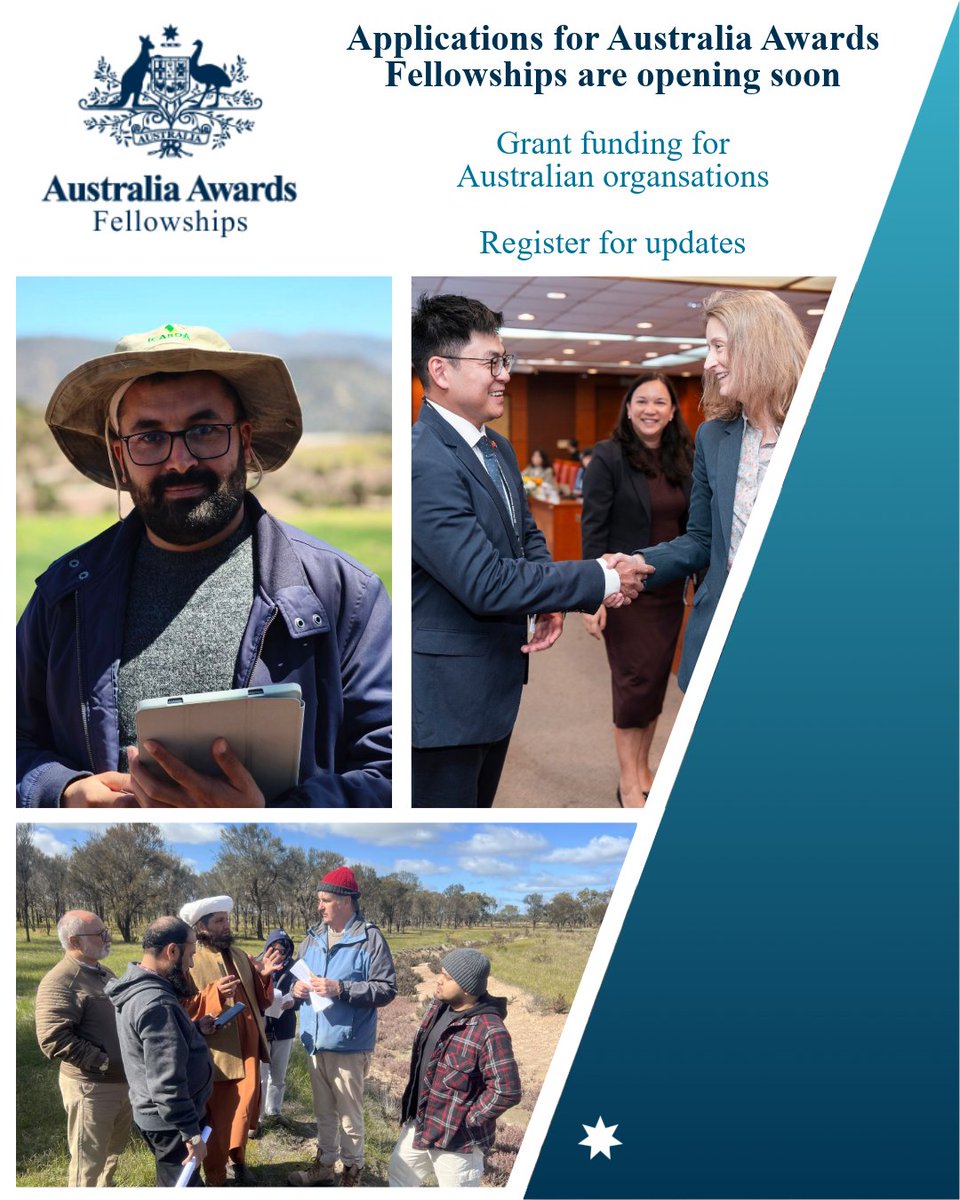 AustraliaAwards's tweet photo. 📣 Australia Awards Fellowships Round 22 is opening soon.
Funded by DFAT, Fellowships support organisations address 🇦🇺 international development priorities through professional development, knowledge exchange &amp; institutional partnerships.
🖊EOI: https://t.co/mc6YgCrepV https://t.co/6NGKRJvEte