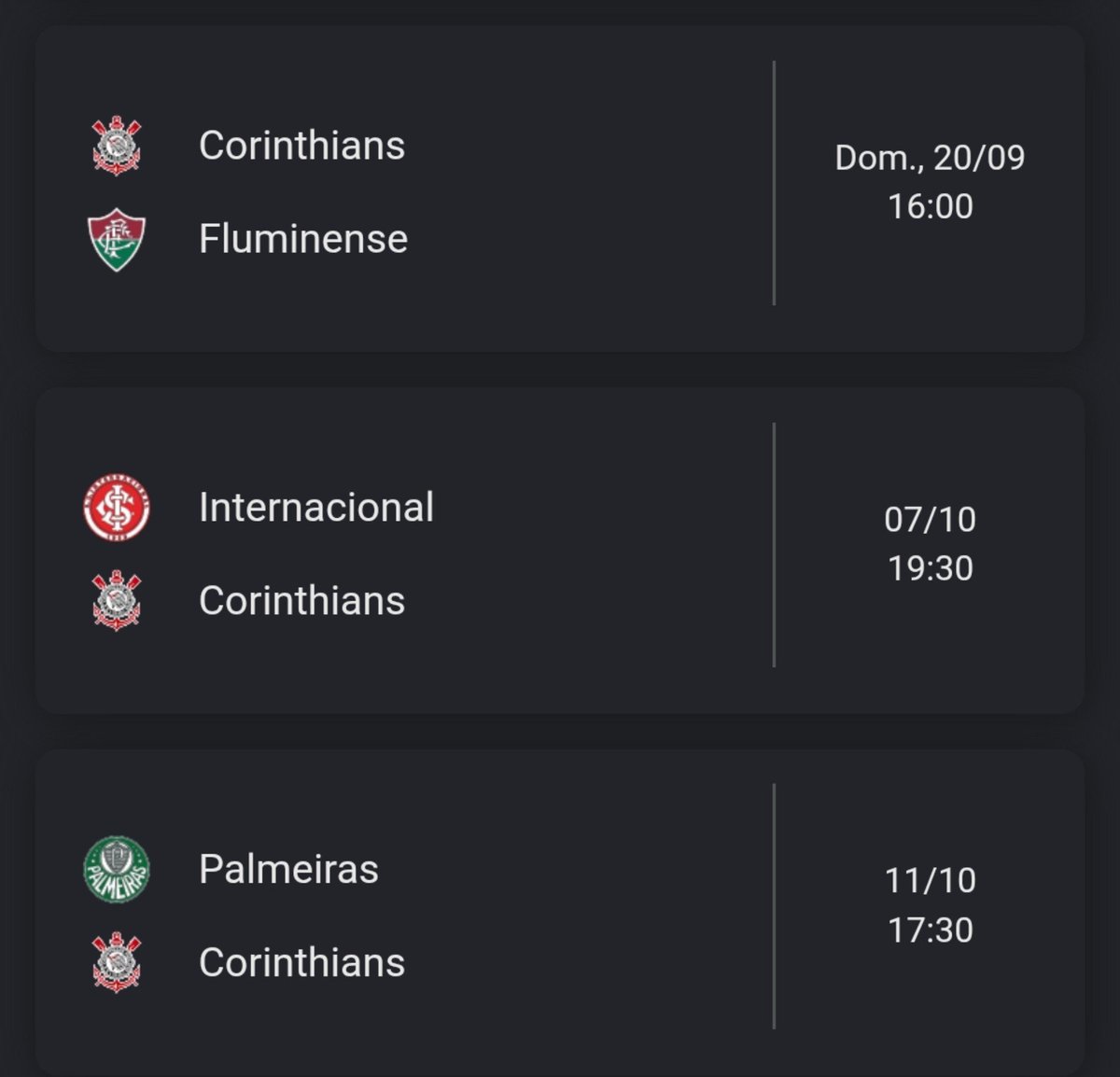 elyelsccp's tweet photo. Esses são os 3 próximos jogos do Corinthians no Brasileirão. https://t.co/NKw9NID0lr