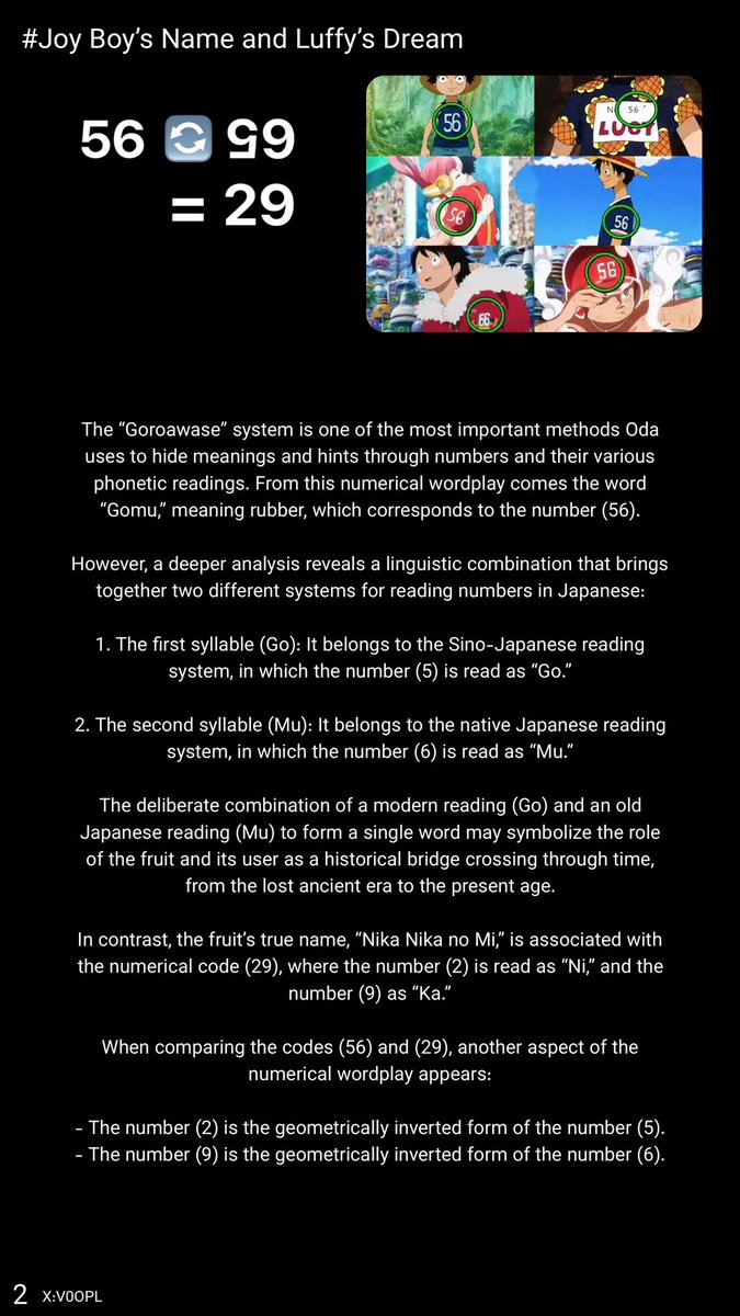 V0OPL's tweet photo. #ONEPIECE1193 #ONEPIECE

This theory reveals Joy Boy’s name, Luffy and Roger’s dream, and its link to Joy Boy’s name, 56, and Binks’ Sake. If 6 represents “Mu,” meaning “void” and Imu’s name, then 5 represents “Go,” meaning “light” or “sun,” the beginning of Joy Boy’s real name. https://t.co/a0JId0tXXb