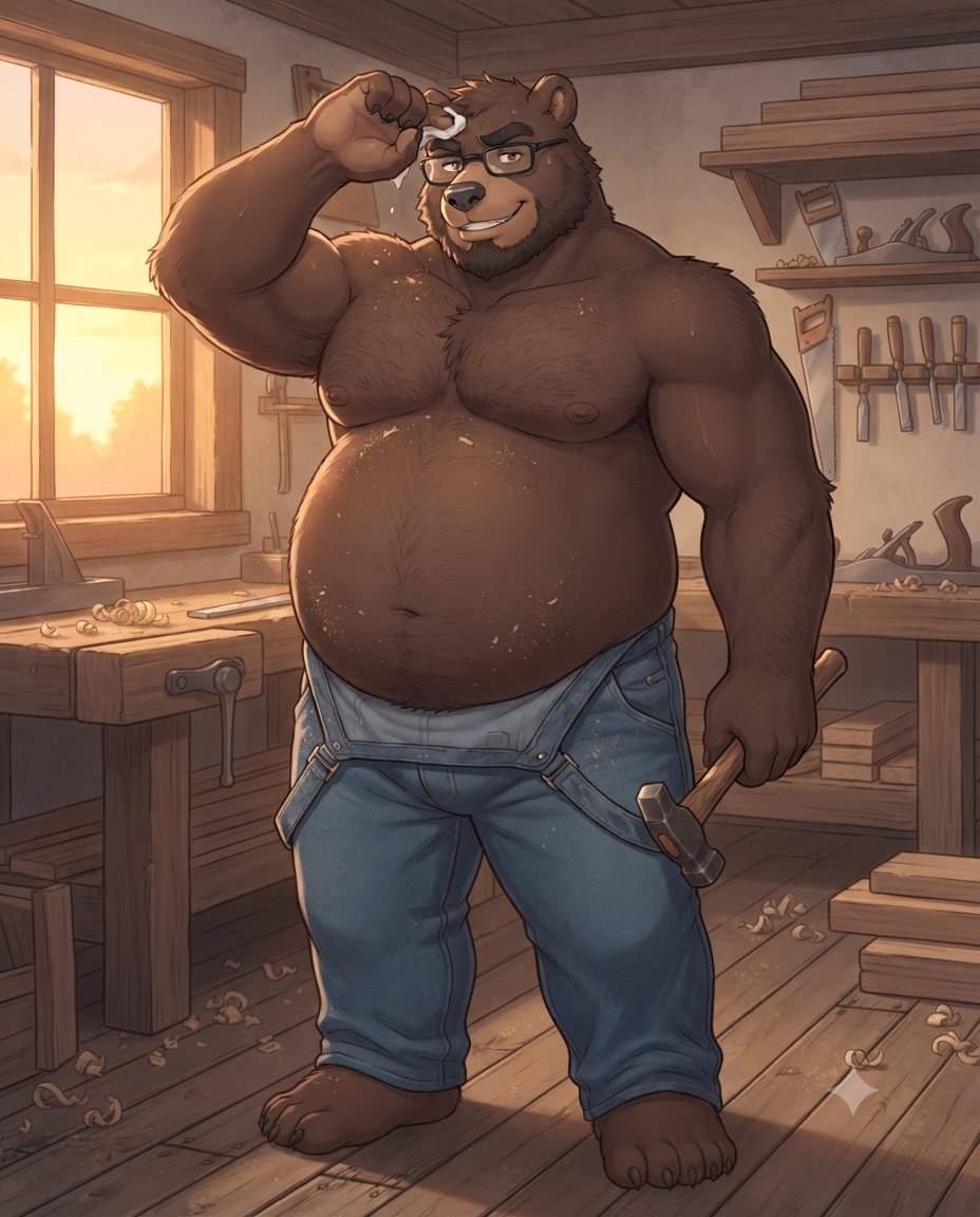 KyosukeBear's tweet photo. Un poco de trabajo pesado en el taller para sudar la jornada... 🔨🪵 El aserrín y el calor obligaron a soltar los tirantes. ¿Alguien necesita un trabajo a la medida? 😉✨

#KyosukeTheBear #BaraBear #ChubbyMuscular #FurryArt #Handyman #OC #Bara #Woodwork https://t.co/PLxEnLESXd