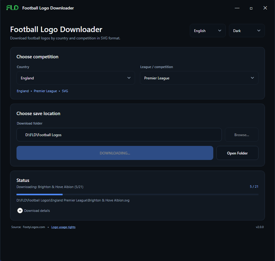 ozkancantasarim's tweet photo. Arayüzünü tamamen yenilediğim Football Logo Downloader v2.0.0 yayında!

Ücretsiz olarak GitHub üzerinden indirebilirsiniz:
🔗 https://t.co/IS7Qyw92BC https://t.co/yeHwhRbtZv