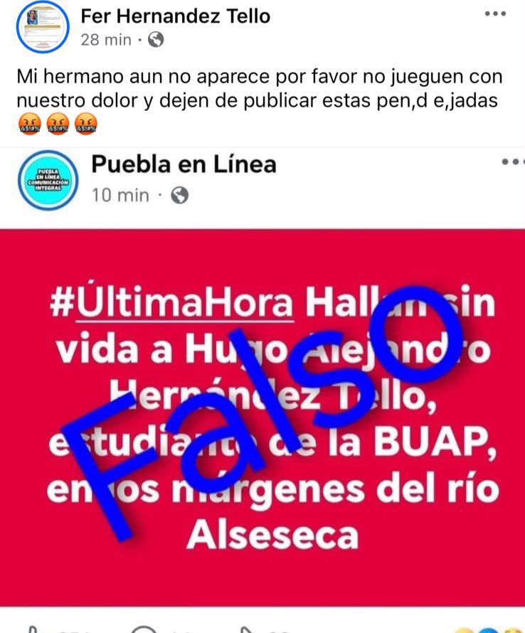 ALunaSilva's tweet photo. ❌ FALSO que haya sido localizado el estudiante desaparecido de la #BUAP. Familiares de Hugo Alejandro Hernández Tello EXIGEN a medios o cuentas de redes irresponsables dejar de jugar con su dolor. 

🚨 SIGUE LA BÚSQUEDA. Se agradecerá cualquier información. El gobernador Alejandro Armenta Mier ha dicho que NO SE ESCATIMARÁN esfuerzos ni recursos del @Gob_Puebla hasta encontrarlo.

@Pueblaonline 
@CronicaPuebla_ 
@armentapuebla_