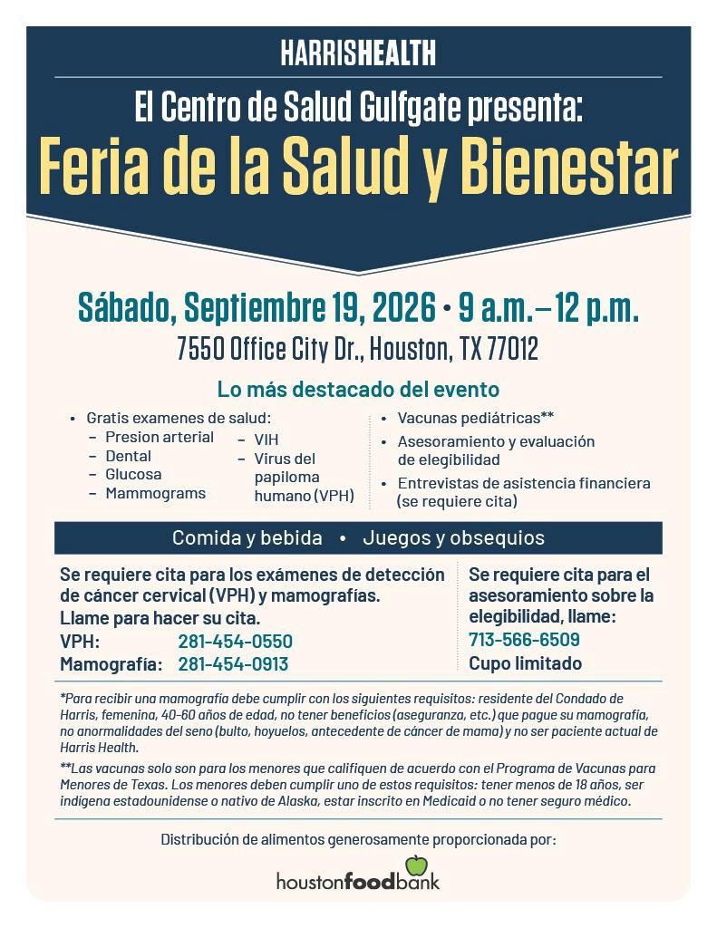 SorccHouston's tweet photo. @harrishealth invita a la #comunidad Cuidar nuestra salud también es cuidar a nuestra comunidad!
Este sábado 19 de septiembre, acompaña a Harris Health en su Feria de Salud y Bienestar, con exámenes de salud gratuitos, recursos, alimentos y más para las familias.

📍 7550 Office City Dr., Houston, TX 77012
🕘 9 a.m. – 12 p.m.

#SORCCHouston #RecursosComunitarios #Houston #SaludYBienestar