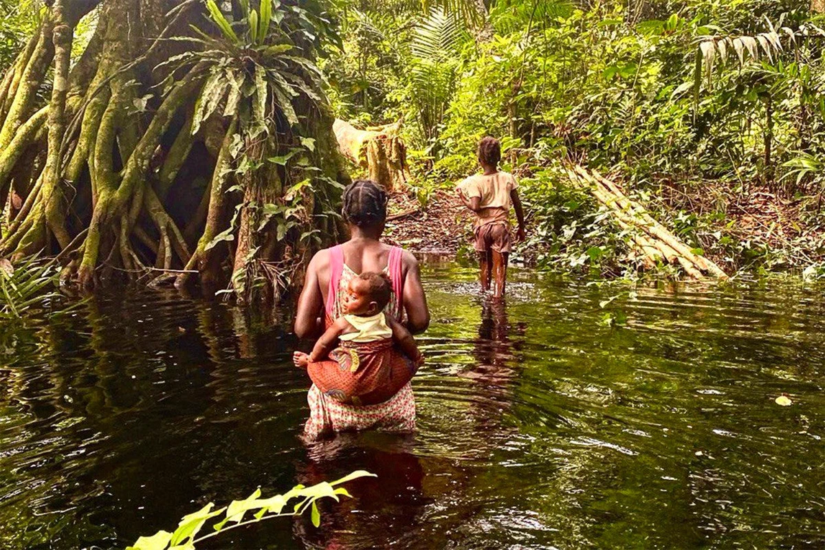 Three individuals walk through a shallow, waterlogged area in a dense forest. The person closest to the foreground carries a child on their back. The trees and plants are lush and abundantly green, reflecting the rich environment of the forest.