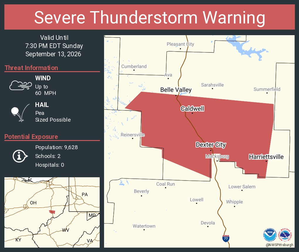 This graphic displays a severe thunderstorm warning plotted on a map. The warning is in effect until 7:30 PM EDT. The warning includes Caldwell OH, Belle Valley OH and Dexter City OH. This warning is for Southern Noble County. The threats associated with this warning are wind gusts up to 60 MPH and pea sized hail. There are 9,628 people in the warning along with 2 schools and 0 hospitals.