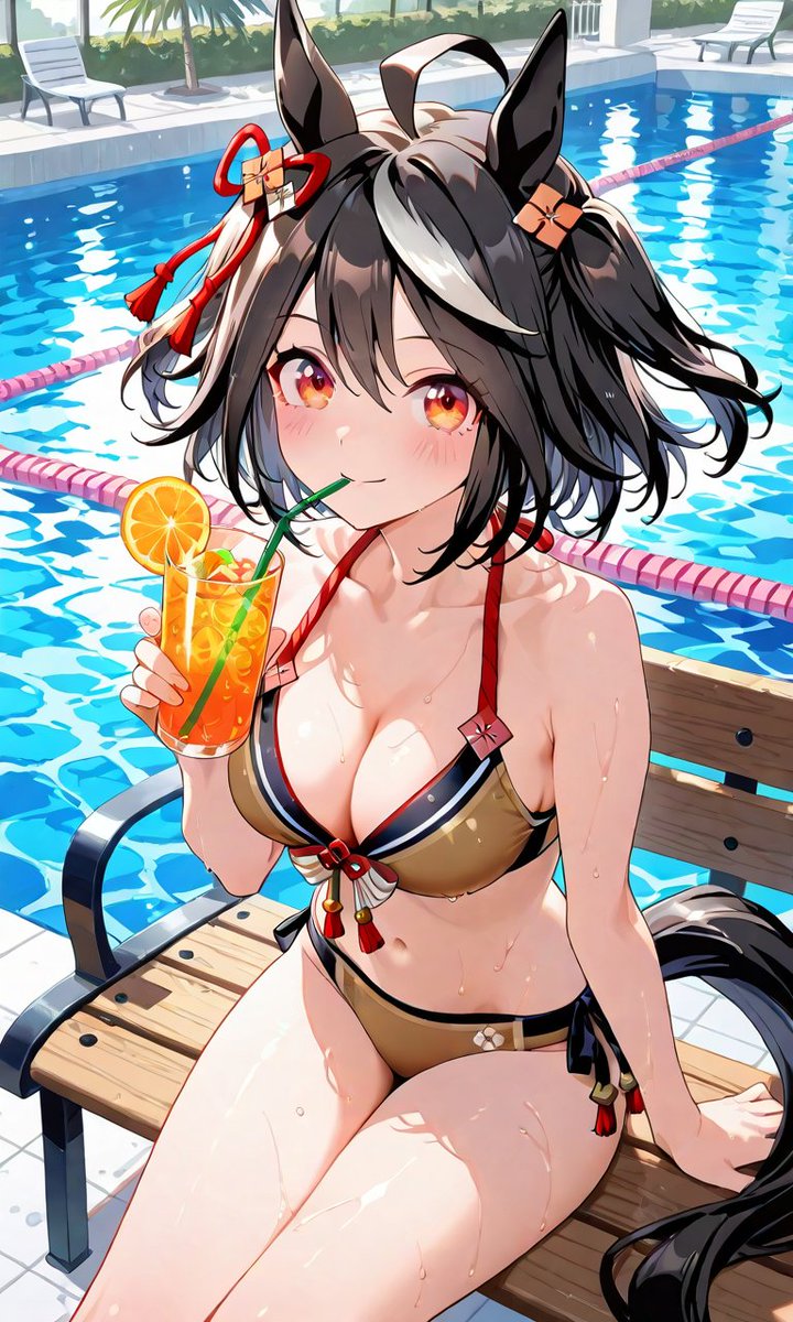 notes9999's tweet photo. 「トレーナーさん、お疲れ様です！はい、これ冷たいジュース。……えっ？ 水着、似合ってますか……？ えへへ、ありがとうございます！」
#ウマ娘
#キタサンブラック
#AIイラスト
ウマ娘／キタサンブラック／AIイラスト https://t.co/LLH1s0mth8