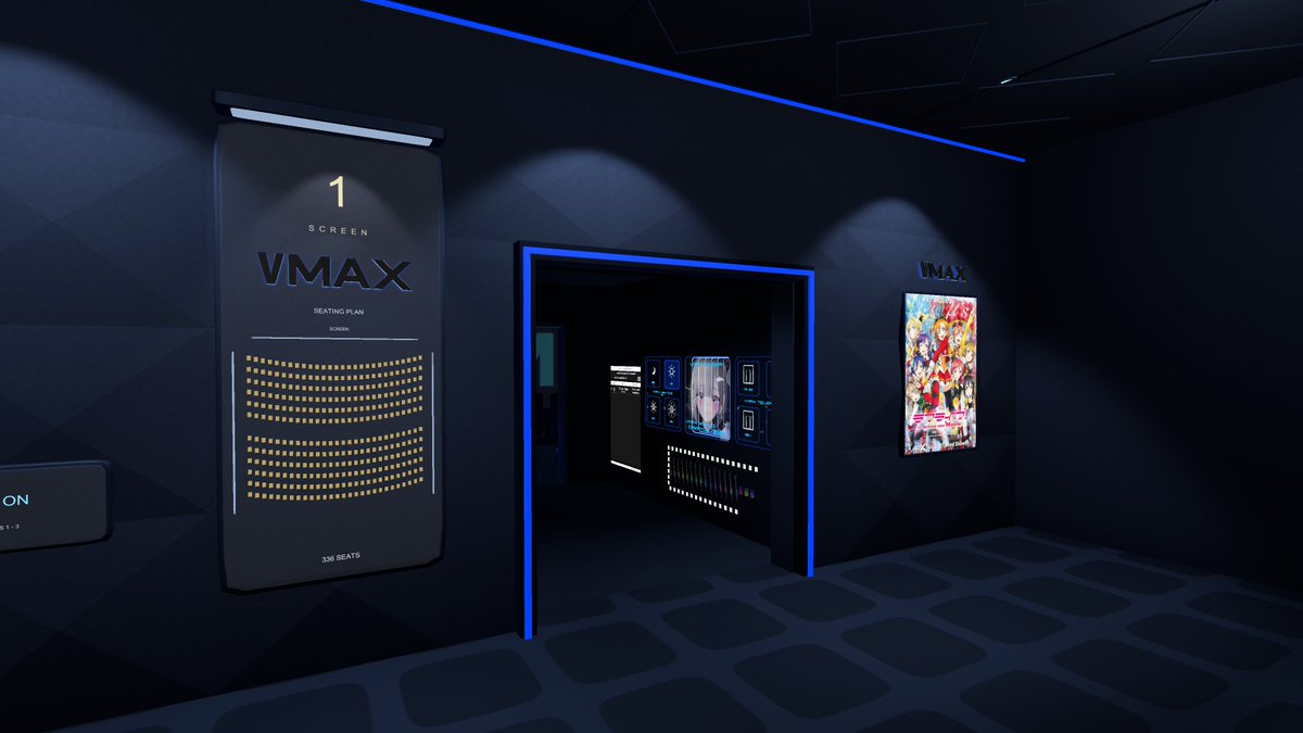 ___7mii's tweet photo. VRの中に、自分たちだけの映画館を。 
🎬 VMAX CINEMA 販売開始 
 3つの独立したシアターを備えた、本格VRChatシネマワールド。

各館で別々の映像を同時上映可能。 
音響も完全分離されており、館外に出るとその館の音は聞こえません。 
高級シネマシート、プレミアムベッド席、映画館らしいリバーブ音響、間接照明など、空間・音響・質感までこだわって制作しました。