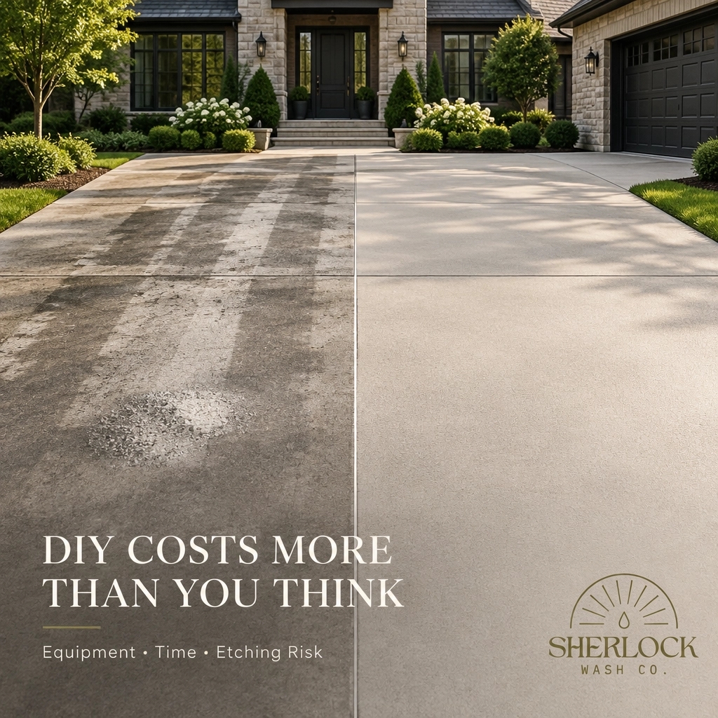 SherlockWashCo's tweet photo. Quick tip: DIY pressure washing costs more than the rental: consider your time, equipment, and the risk of etching concrete. Correct pressure and surface-cleaning technique deliver a uniform professional finish. https://t.co/EaJfx9Obep