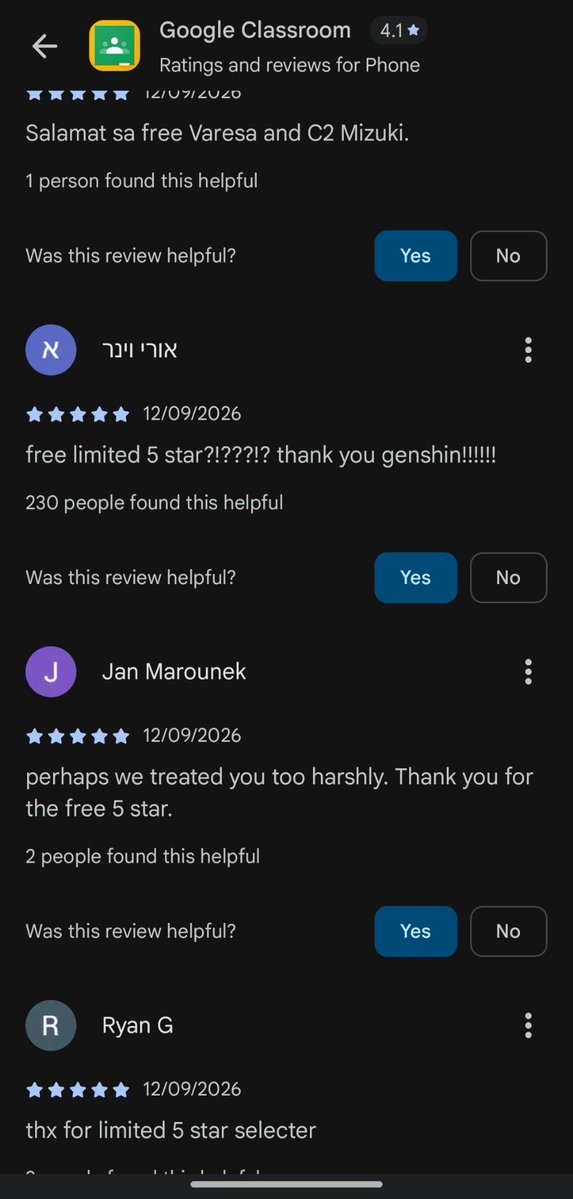 HourlyTeyvat's tweet photo. Google Classroom being bombarded with 5-star reviews because of the new Genshin anniversary rewards 😭😭 https://t.co/4dCgUkljfA
