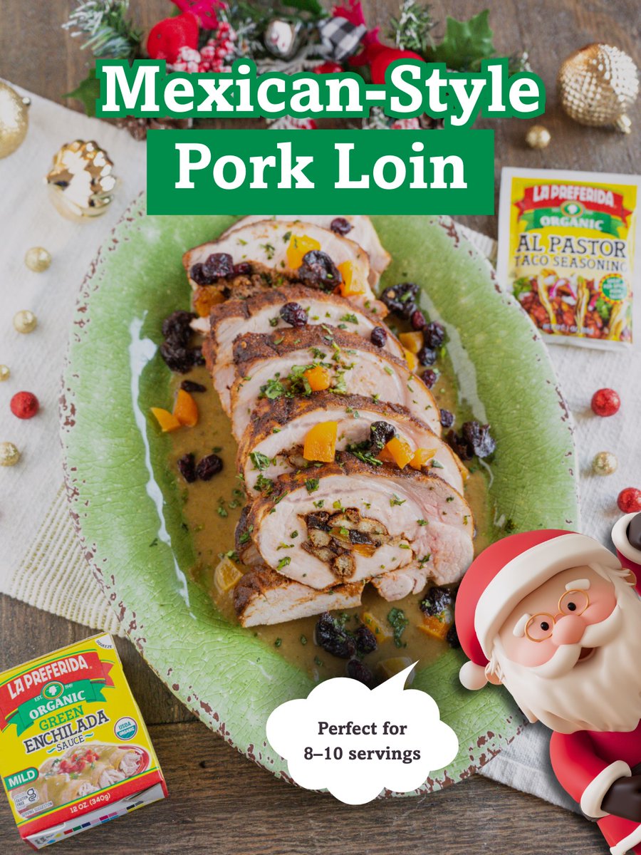 yanetsalcedo's tweet photo. Mexican-Style Pork Loin for Christmas Eve or Christmas Day. Brined pork loin, Al Pastor seasoning, green enchilada sauce, and sweet-savory stuffing with apricots, prunes, garlic, herbs, and bread. https://t.co/0xfc24XyAQ