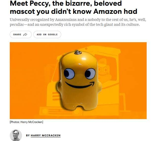 Niorquant's tweet photo. AMAZON HAS A MASCOT AND ITS NEVER BONDED??

It's called Peccy - Hes the OFFICIAL amazon mascot and cultural ambassador

Universally recognized by Amazonians and an unexpectedly rich symbol of the tech giant and its culture.

They interviewed an Amazon Employee and he revealed the name of the mascot

AMAZON HAS A MASCOT AND ITS NEVER BONDED??

It's called Peccy - Hes the OFFICIAL amazon mascot and cultural ambassador

Universally recognized by Amazonians and an unexpectedly rich symbol of the tech giant and its culture.

They interviewed an Amazon Employee and he revealed the name of the mascot
https://t.co/LSD1N8lGKS