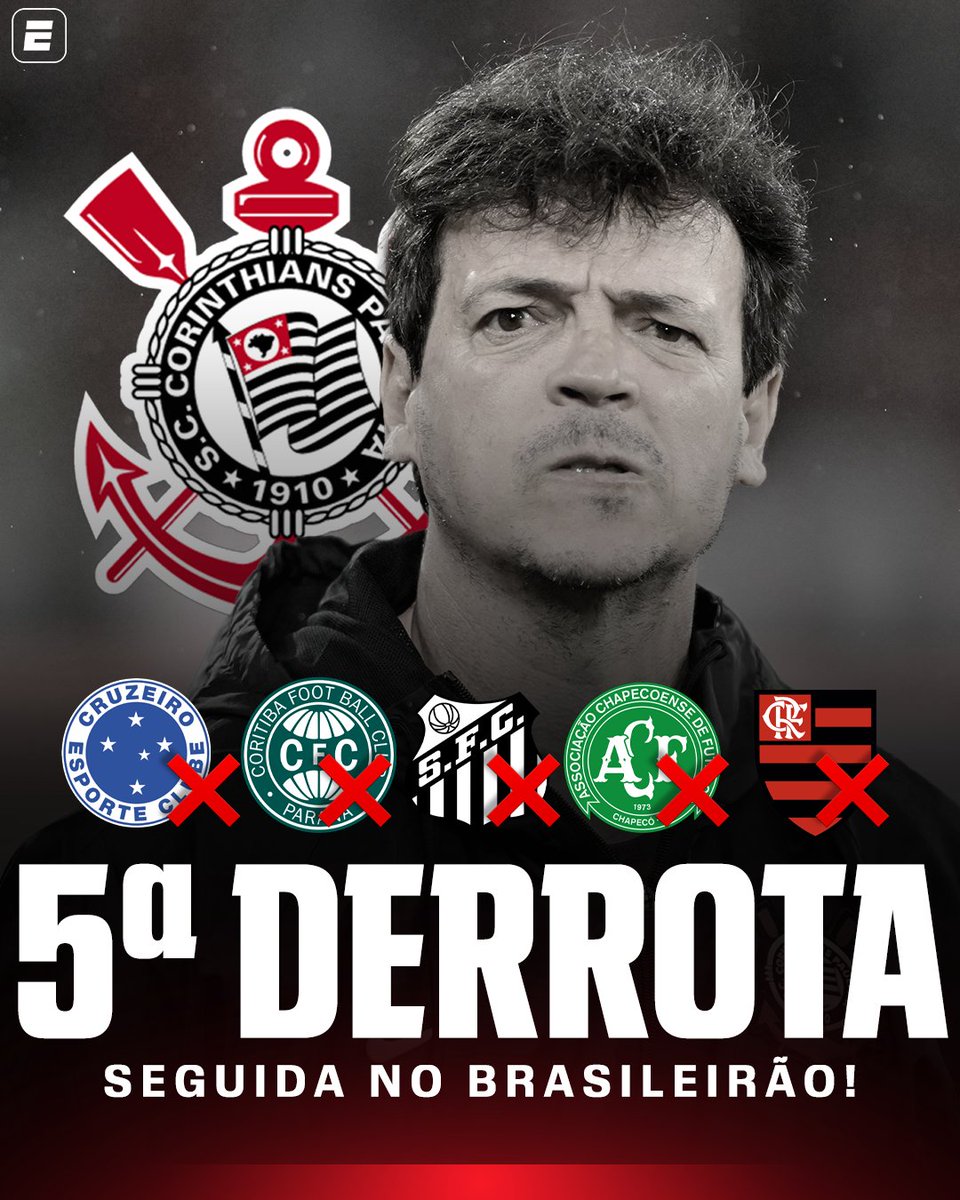 SportsCenterBR's tweet photo. QUE FASE! O CORINTHIANS CHEGOU À QUINTA DERROTA SEGUIDA NO BRASILEIRÃO! 😰⚫⚪

Após perder para o Flamengo no Maracanã, o Corinthians ampliou ainda mais a sequência negativa na competição. Antes do revés diante do Rubro-Negro, o Timão já havia sido derrotado por Cruzeiro, Coritiba, Santos e Chapecoense.

A Libertadores pode ser a salvação do Timão, fã de esporte?

#FutebolNaESPN #Brasileirão #Corinthians #Flamengo
