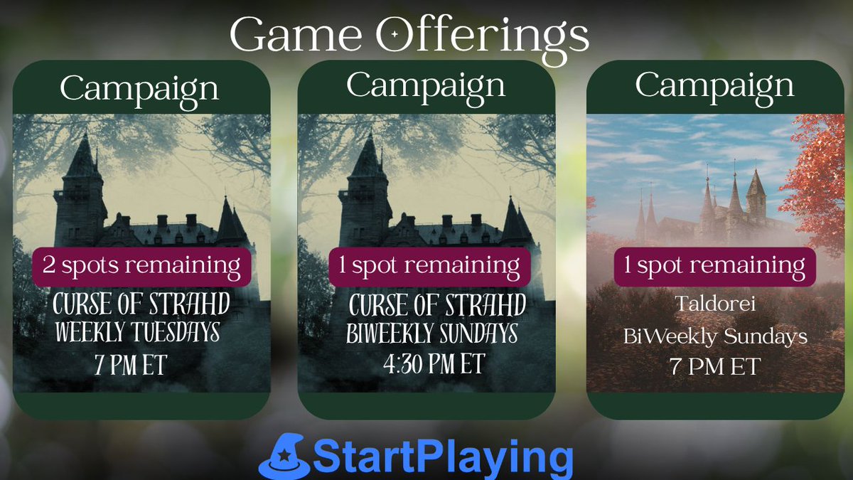 DNDJordanLea's tweet photo. I have a couple games looking for additional players! 

2 Curse of Strahd Games and a Taldorei campaign as well! All three offerings giving a wonderful blend of Biweekly and Weekly! 

If interested!
https://t.co/WYnjr53ZmF https://t.co/ZA3y2fS8F9
