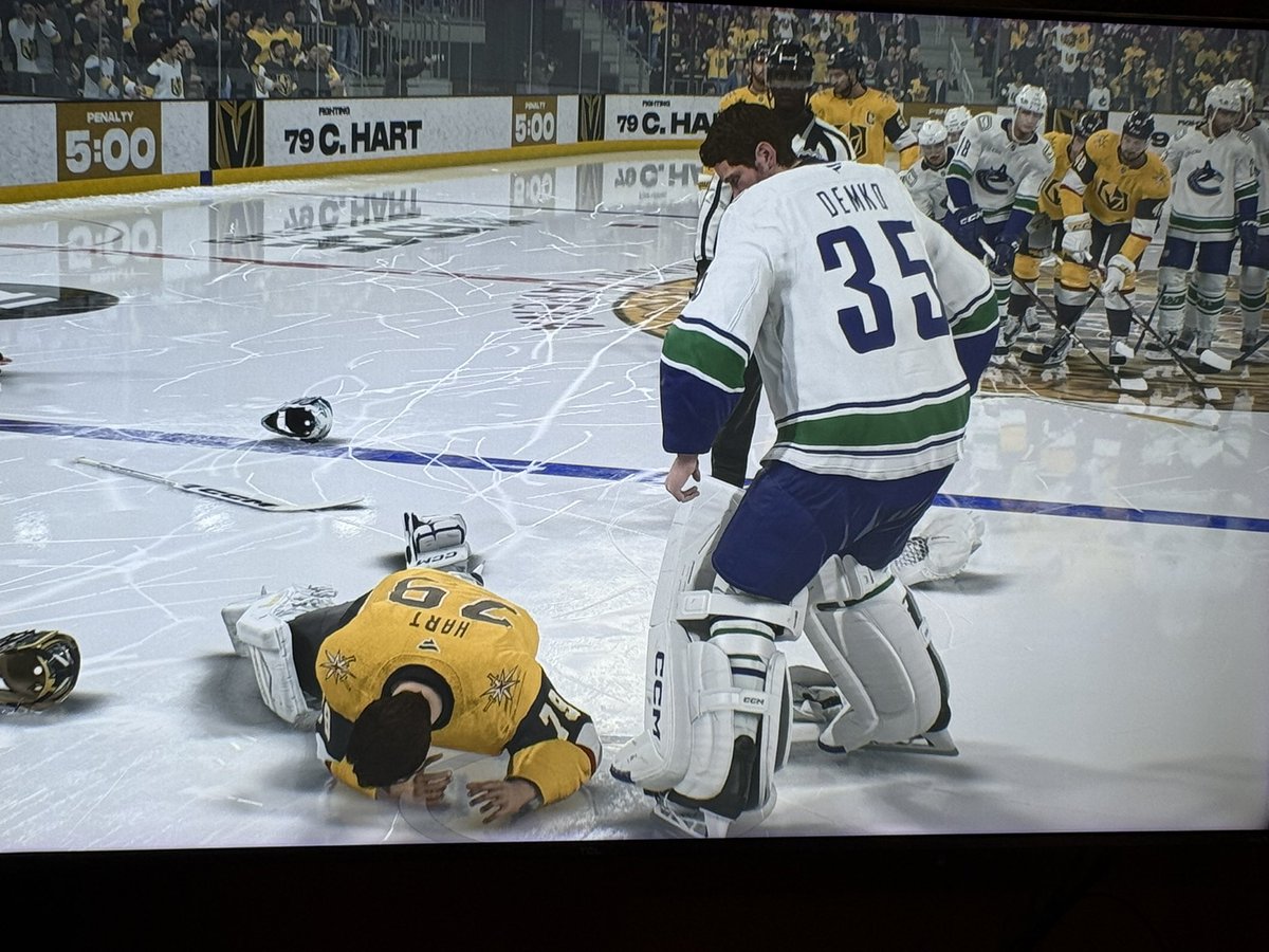 between2pipes's tweet photo. Don’t get the hate for NHL 27.. how else can I beat the shit out of Carter Hart? https://t.co/aDeP4mYH3I