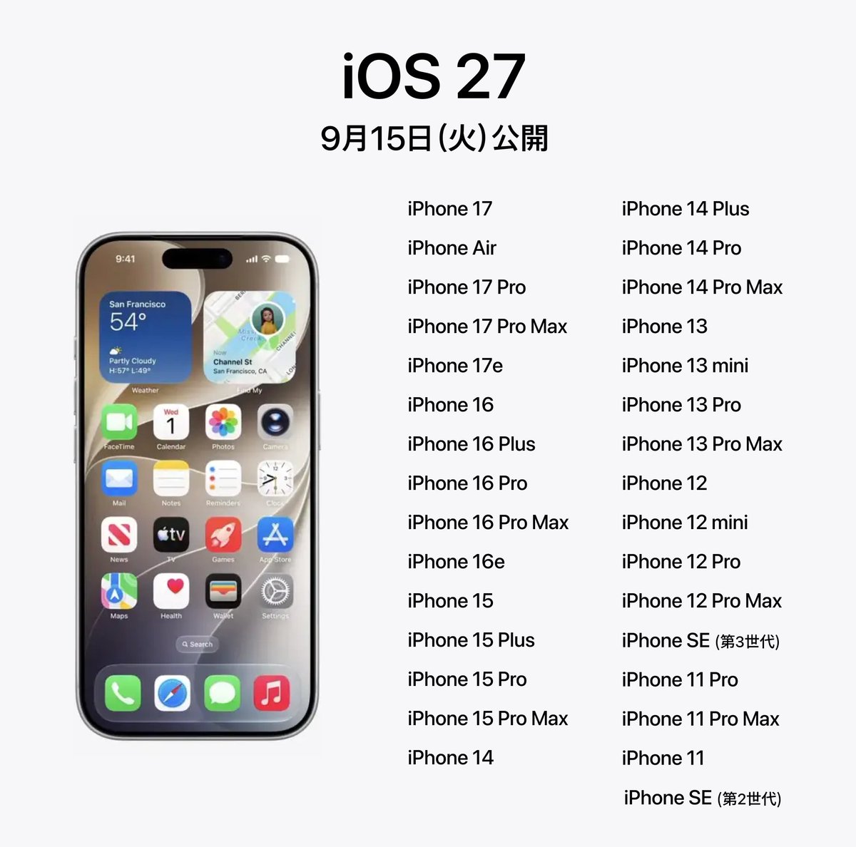 hamu_3nd's tweet photo. iOS 27、明日公開
対応機種はこちら

iPhone 11シリーズ、SE（第2世代）まで引き続き対応 https://t.co/2s23EBW7BF