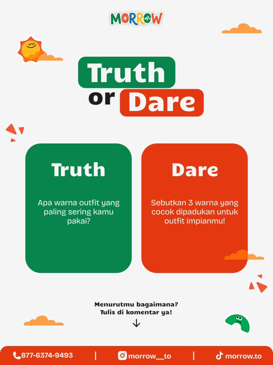 mightymark26's tweet photo. TRUTH OR DARE soal outfit! TRUTH: Warna apa yang paling sering kamu pakai? DARE: Sebutkan 3 warna untuk outfit impianmu. Tak ada jawaban salah, kecuali kombinasinya bikin mata minta cuti. Pilih Truth atau Dare, lalu jawab di kolom komentar! https://t.co/dTIssN6tys