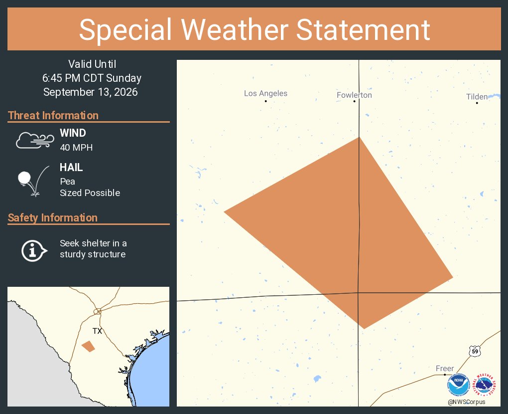 This graphic displays a special weather statement plotted on a map. The statement is in effect until 6:45 PM CDT.  The statement includes La Salle County, TX.  AN AREA OF STRONG THUNDERSTORMS WILL IMPACT SOUTHWESTERN MCMULLEN and SOUTHEASTERN LA SALLE AND NORTHWESTERN DUVAL COUNTIES UNTIL 645 PM CDT. The threats associated with this storm are wind gusts up to 40 MPH and pea sized hail. Seek shelter in a sturdy structure until the storm passes.