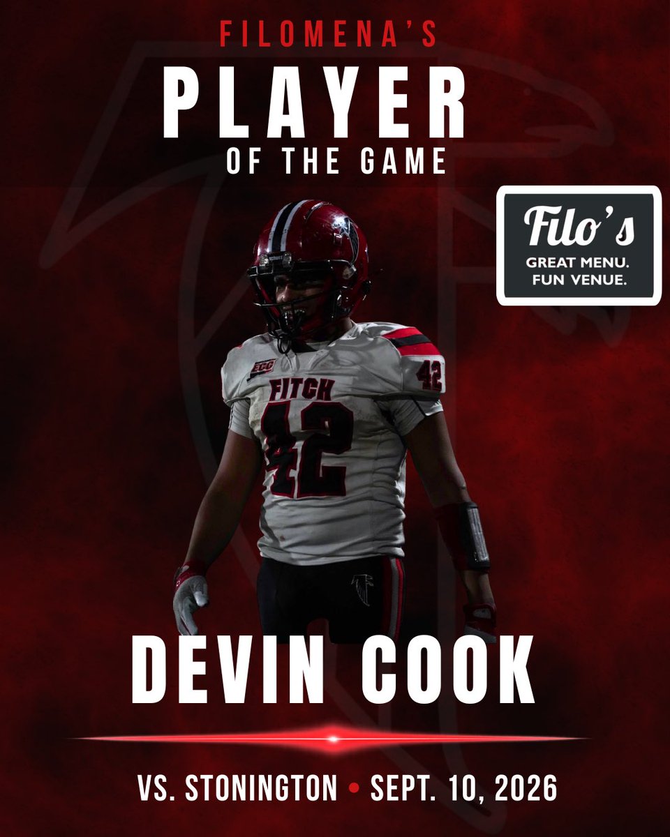 football_fitch's tweet photo. FILOMENAโS PLAYER OF THE GAME
Devin Cook led the Falcons to a 7โ0 victory over Stonington, rushing for more than 100 yards and scoring the game-winning touchdown. He sealed the victory with a late interception!
#FitchFootball #Timeisnow #cthsfb https://t.co/46WWgkEmUc