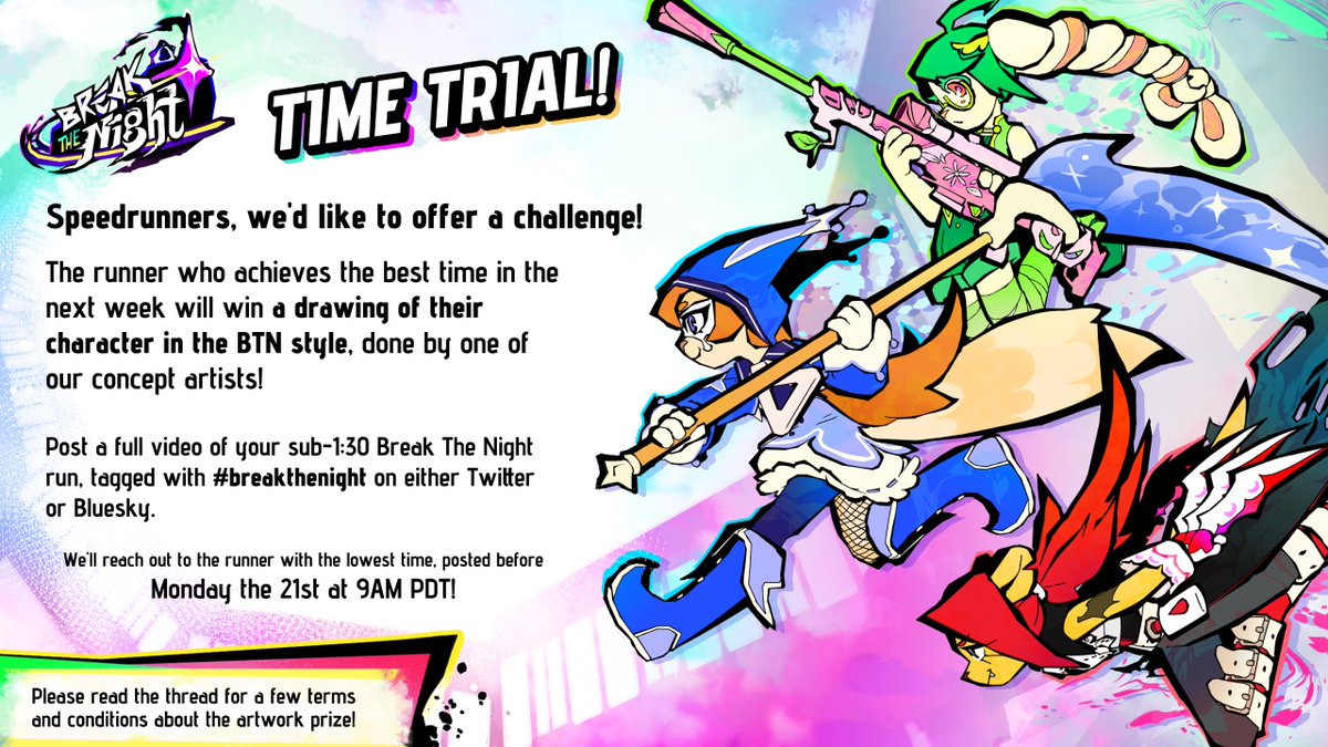 btn_game's tweet photo. Speedrunners, we'd like to offer a challenge! >:)
The person with the fastest Break The Night time over the next week will win a drawing of their character done in the game's style! https://t.co/JUcUgZvO3P