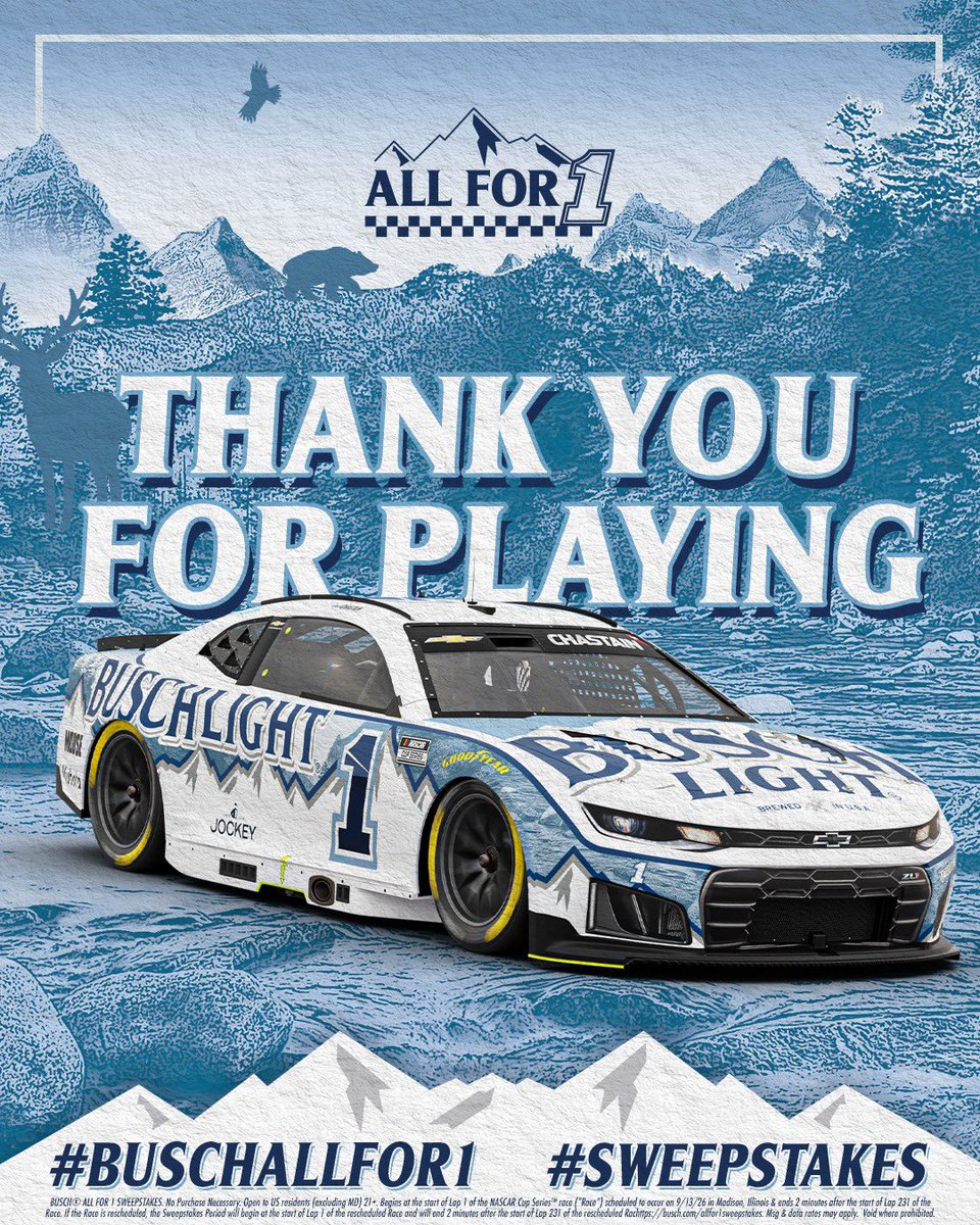 BuschBeer's tweet photo. AND THAT’S THAT PEOPLE! 🏁​ 

Thanks for racing with us at the #EnjoyIllinois300!

Keep an eye out for a DM from us soon and we’ll see you during the NEXT #BuschAllFor1 #Sweepstakes https://t.co/cZ75EoYNKk