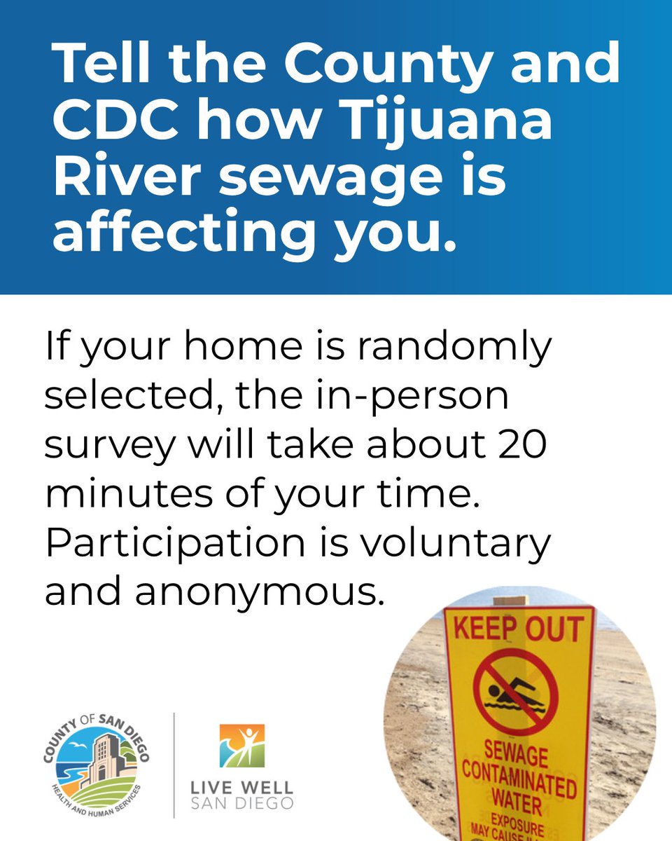 SDCountyHHSA's tweet photo. The CASPER survey is coming to the South Bay. Surveyors in reflective vests and government badges will knock on doors of randomly selected homes to ask about how Tijuana River sewage has affected their household. The interviews take about 20 minutes, are anonymous, and participation is voluntary. Surveys will be 2 - 7 p.m. Sept. 17-19. For more information, visit: https://t.co/3RiJtFnLEx