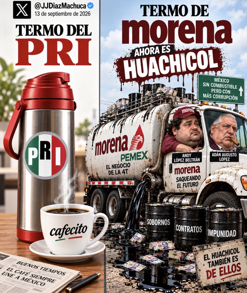 JJDiazMachuca's tweet photo. PRI: cafecito ☕
Morena: huachicol 🛢️😂

Y el termo de Morena no es termo… ¡es pipa, caón! 🤣🤣🤣 https://t.co/wn9Z5Em1nJ