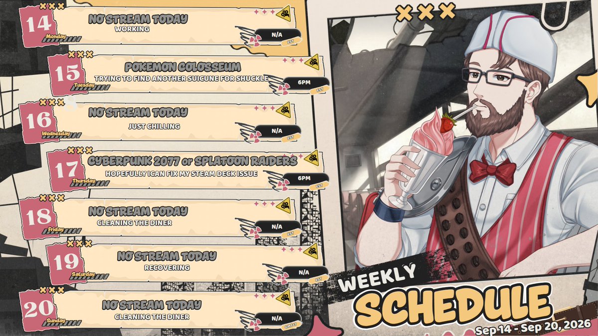S15Costuming's tweet photo. Here's my stream schedule for this week!

#pokemoncolosseum #cyberpunk2077 #splatoonraiders #twitch #twitchtv https://t.co/poek2uy2eA