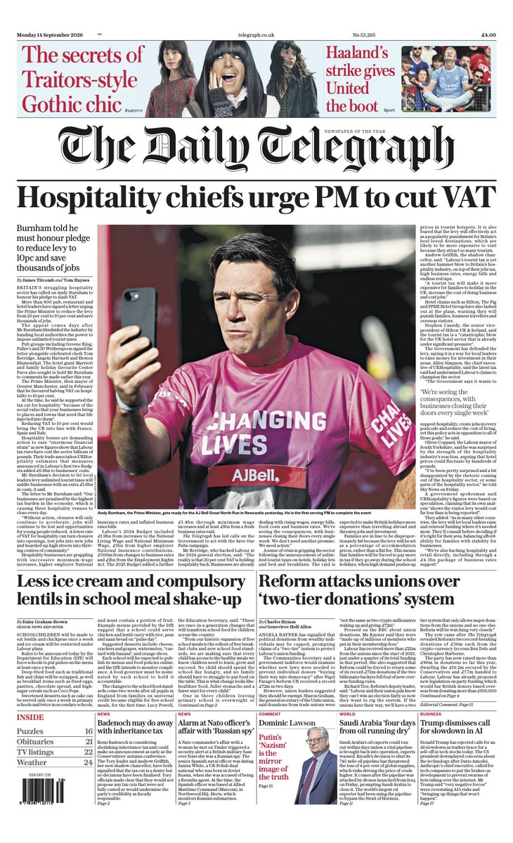 Telegraph's tweet photo. The front page of today's Daily Telegraph:

'Hospitality chiefs urge PM to cut VAT' https://t.co/Qp9ZsdPgkp