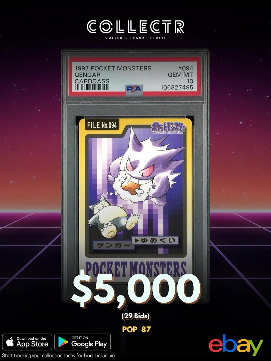 venegasgian's tweet photo. A $5,000 price tag was just met on eBay for a PSA 10 Gengar from the Carddass Pocket Monsters set.

This card is from the 1997 Bandai Carddass series, marking it as one of the oldest Pokémon releases. Because it predates the official TCG, it remains ... https://t.co/Tb77ILVyAz
